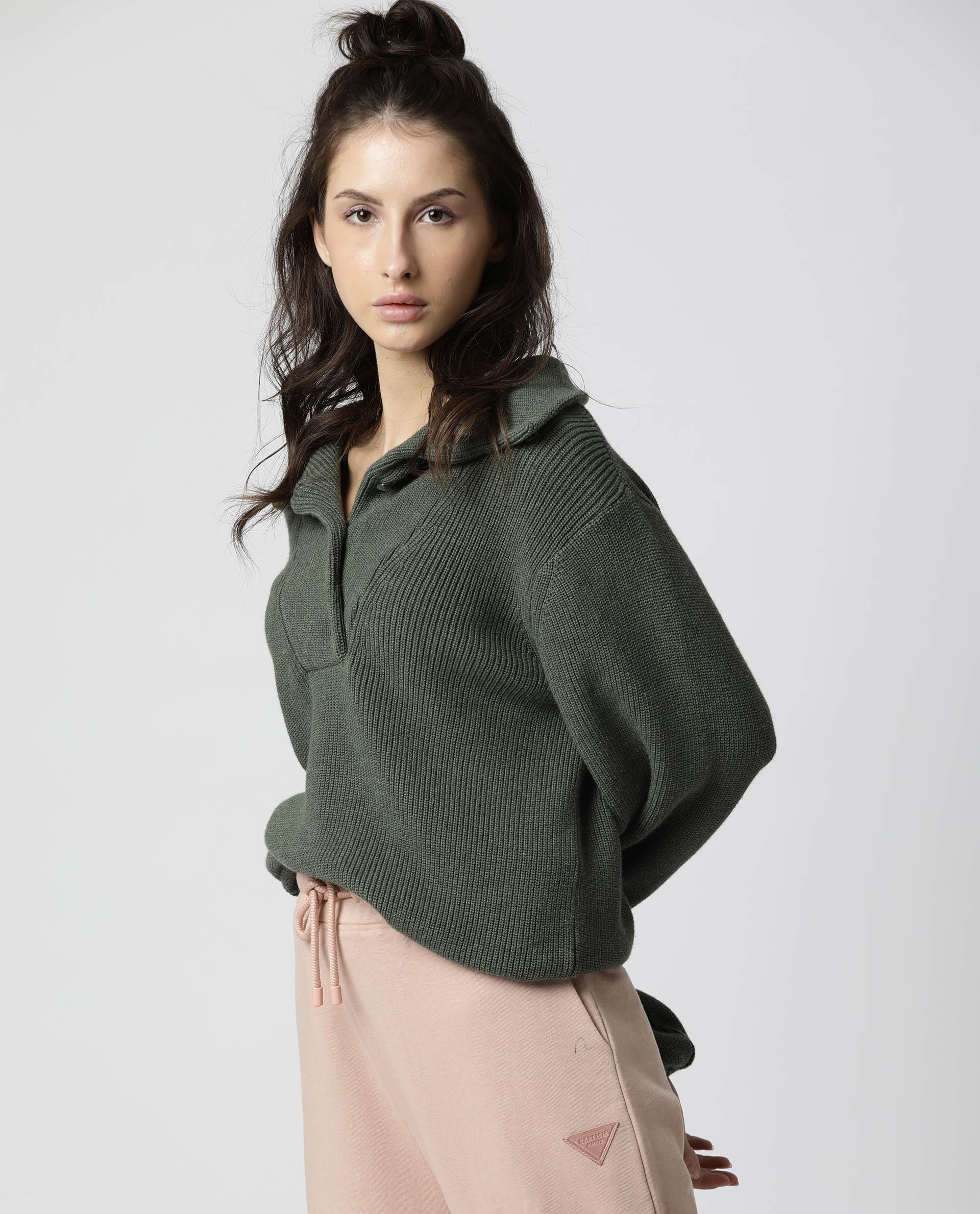 Rareism Women Swing Green Sweater Full Sleeves Solid