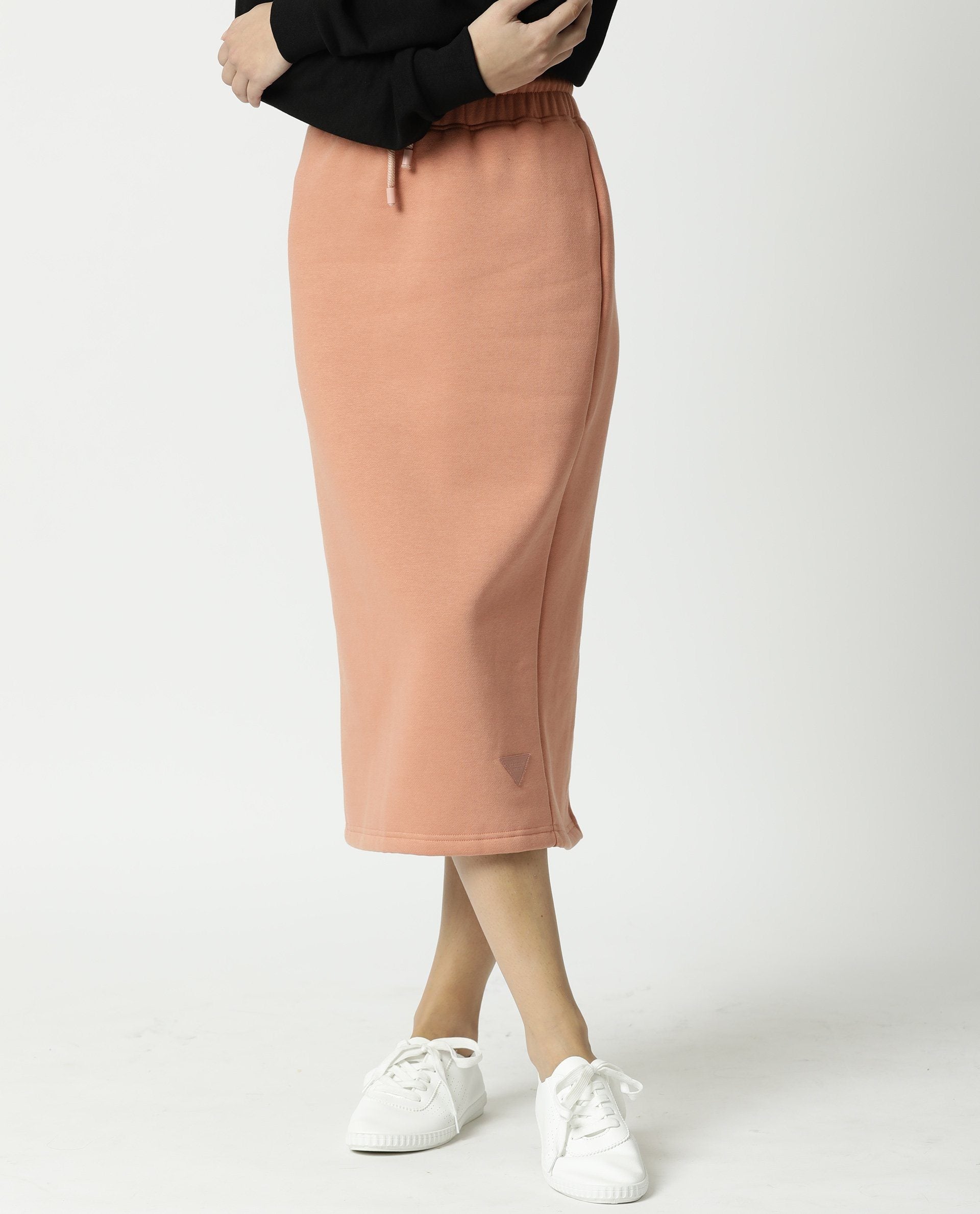 Rareism Women's Fudge Orange Polyester Blend Plain Midi Tailored Skirt