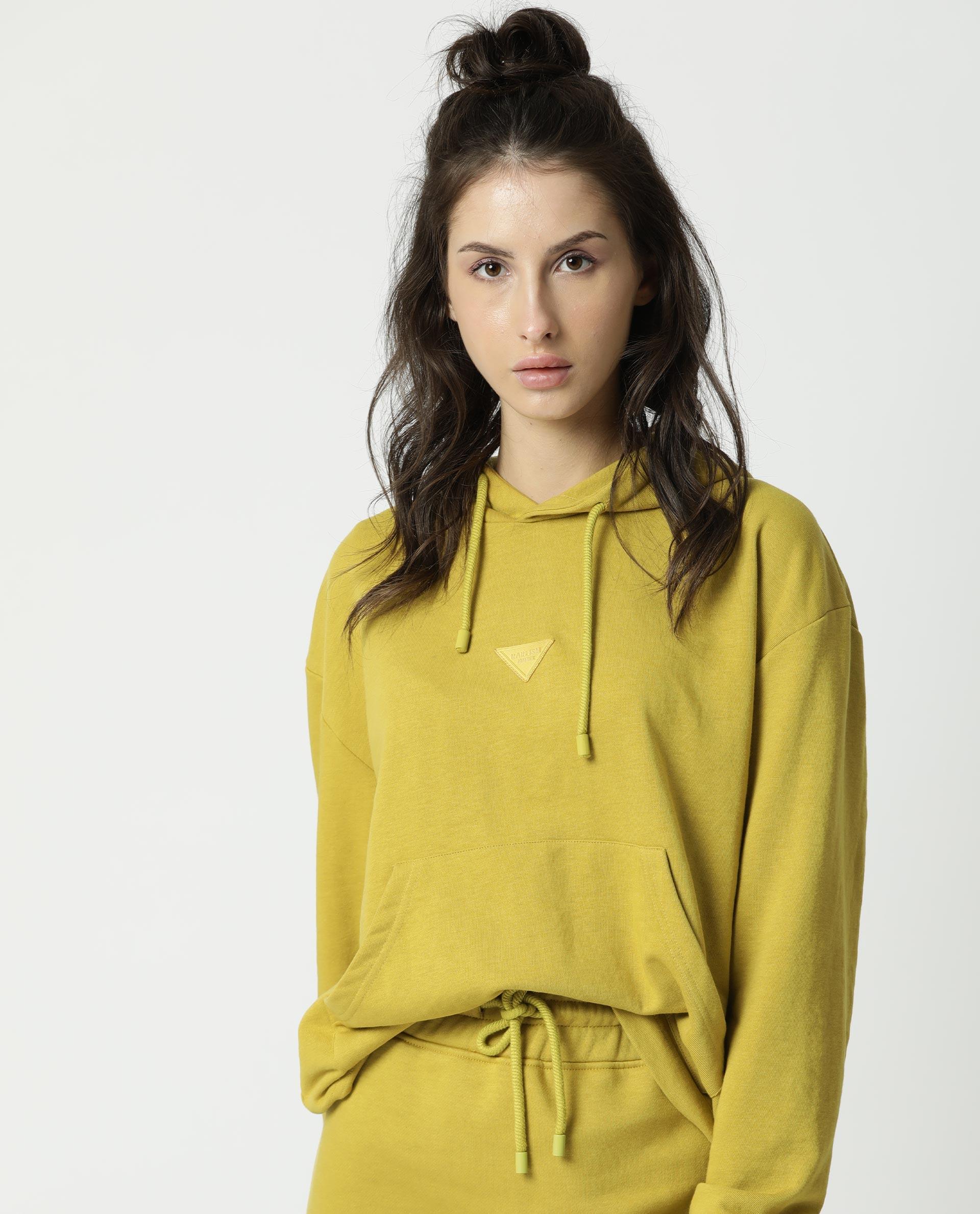 Rareism Women Wally Yellow Cotton Poly Fabric Relaxed Fit Full Sleeves Solid Hooded Sweatshirt
