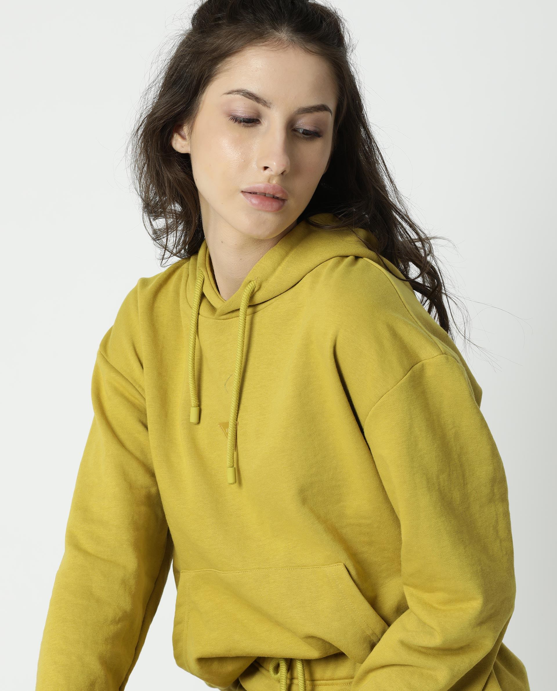 Rareism Women Wally Yellow Cotton Poly Fabric Relaxed Fit Full Sleeves Solid Hooded Sweatshirt