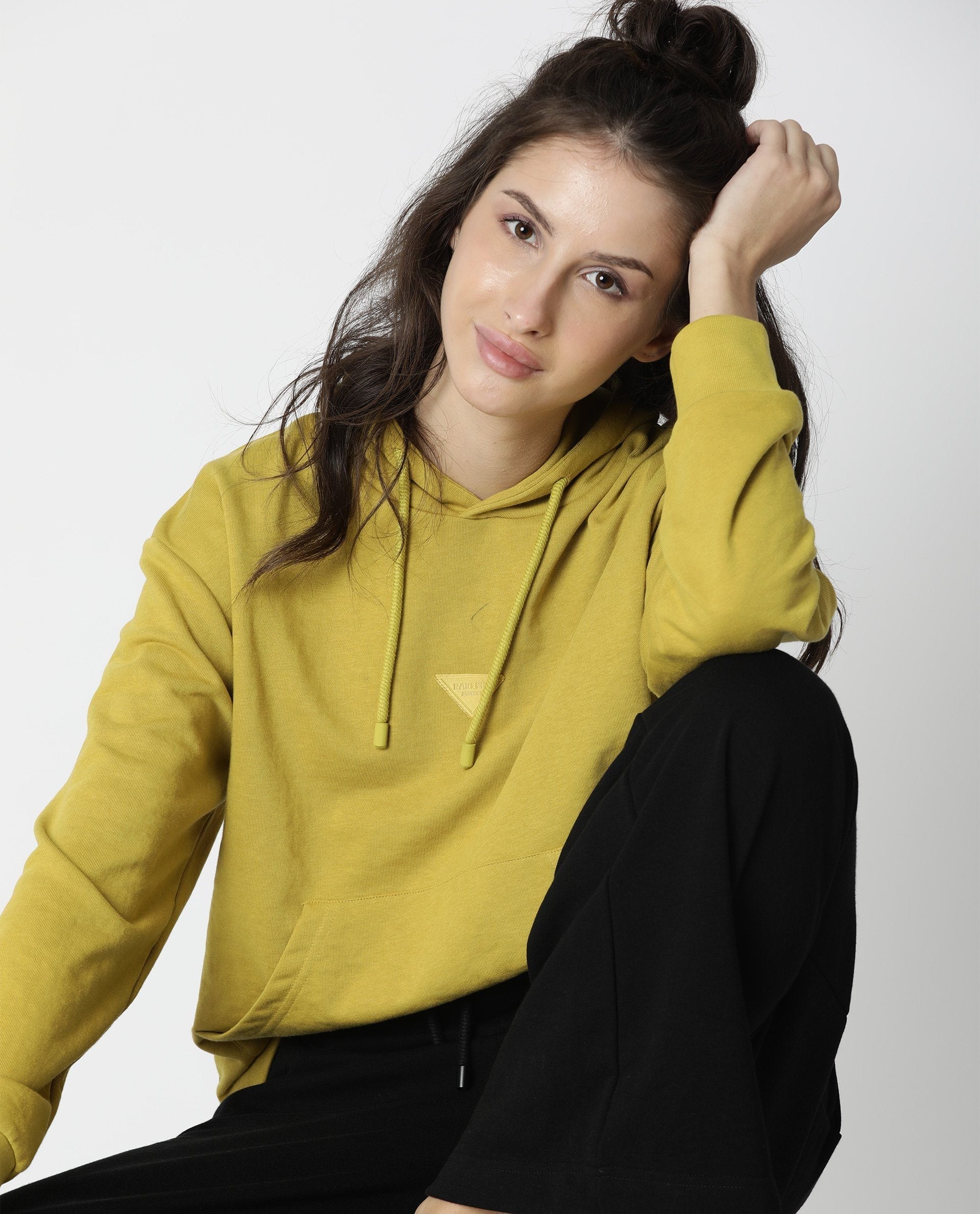 Rareism Women Wally Yellow Cotton Poly Fabric Relaxed Fit Full Sleeves Solid Hooded Sweatshirt
