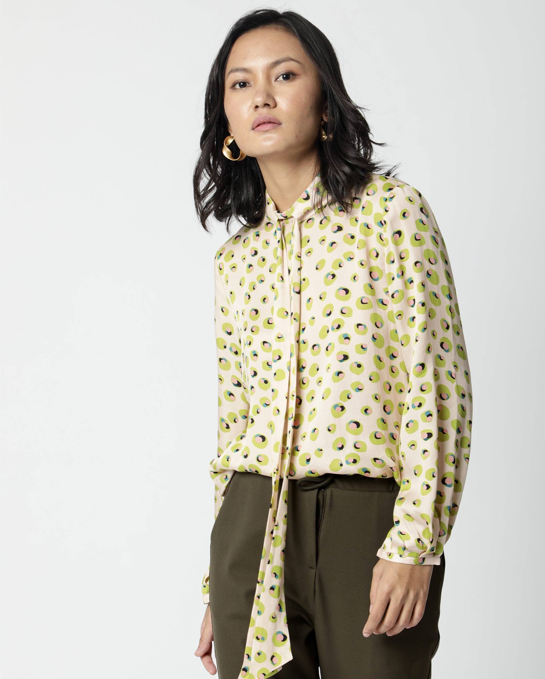 Rareism Womens Dewd Peach Top Abstract Print Cotton Blend Fabric Round Neck Long Sleeves