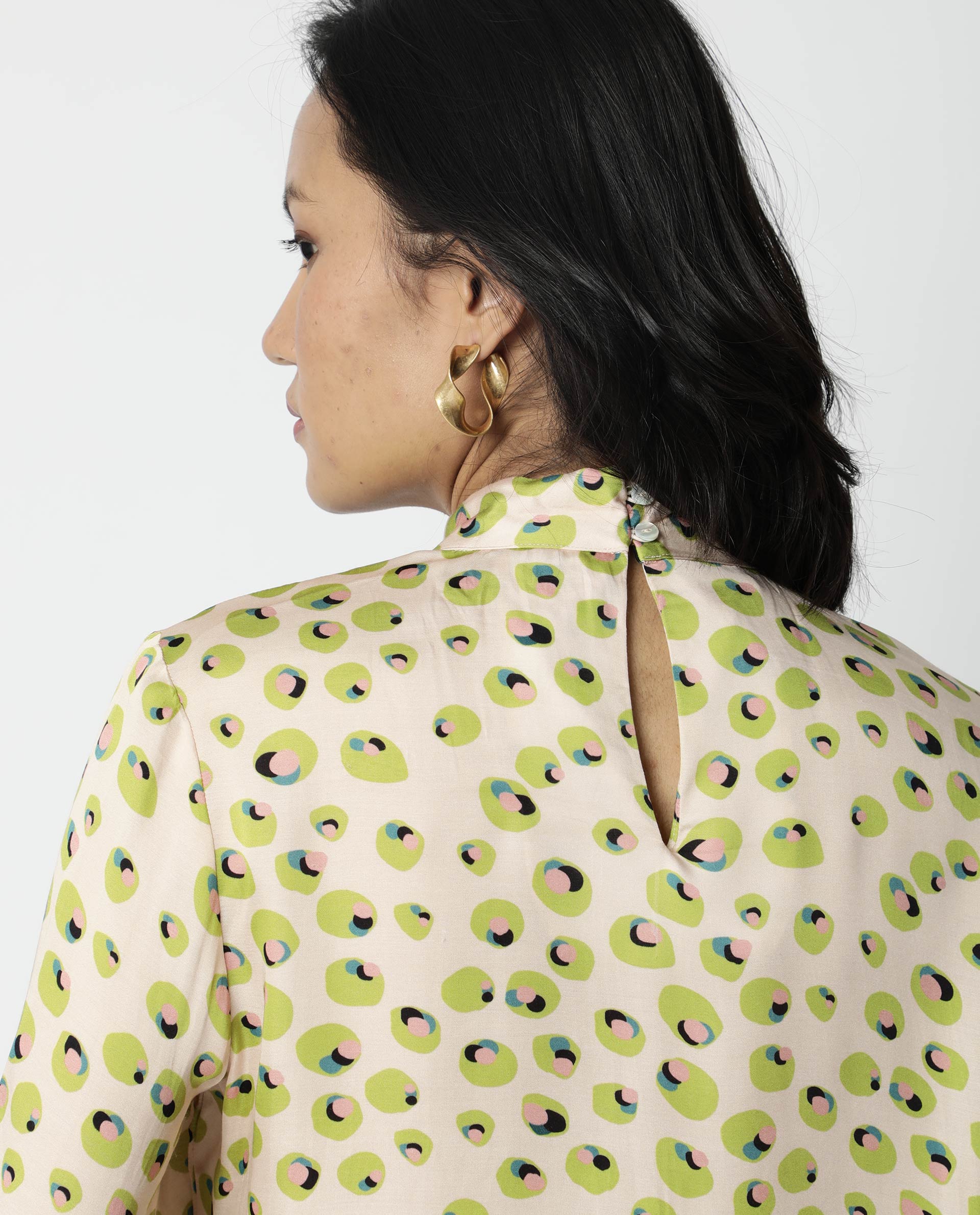 Rareism Womens Dewd Peach Top Abstract Print Cotton Blend Fabric Round Neck Long Sleeves