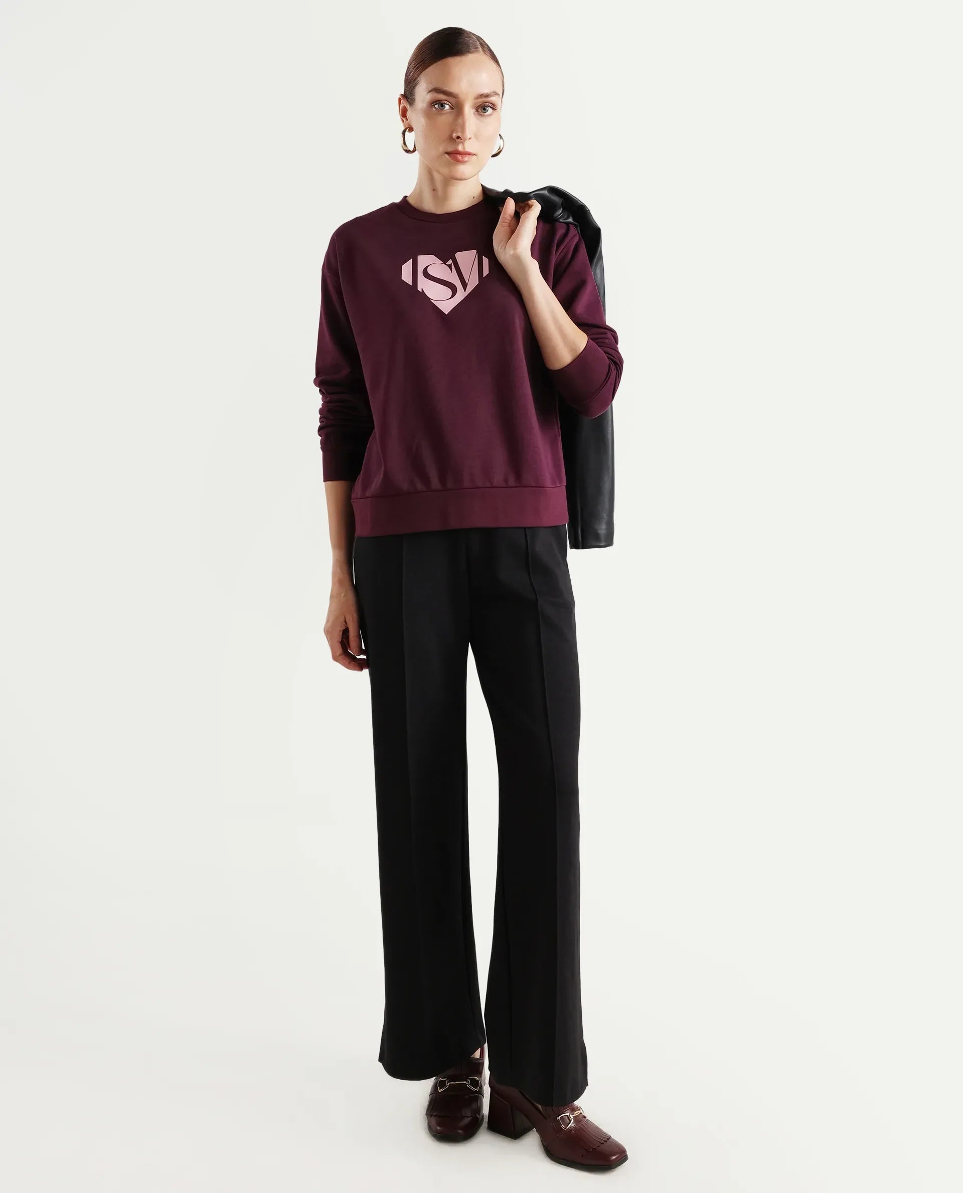 Rareism Women's Mika Maroon Cotton Blend Crew Neck Graphic Print Regular Fit Sweatshirt