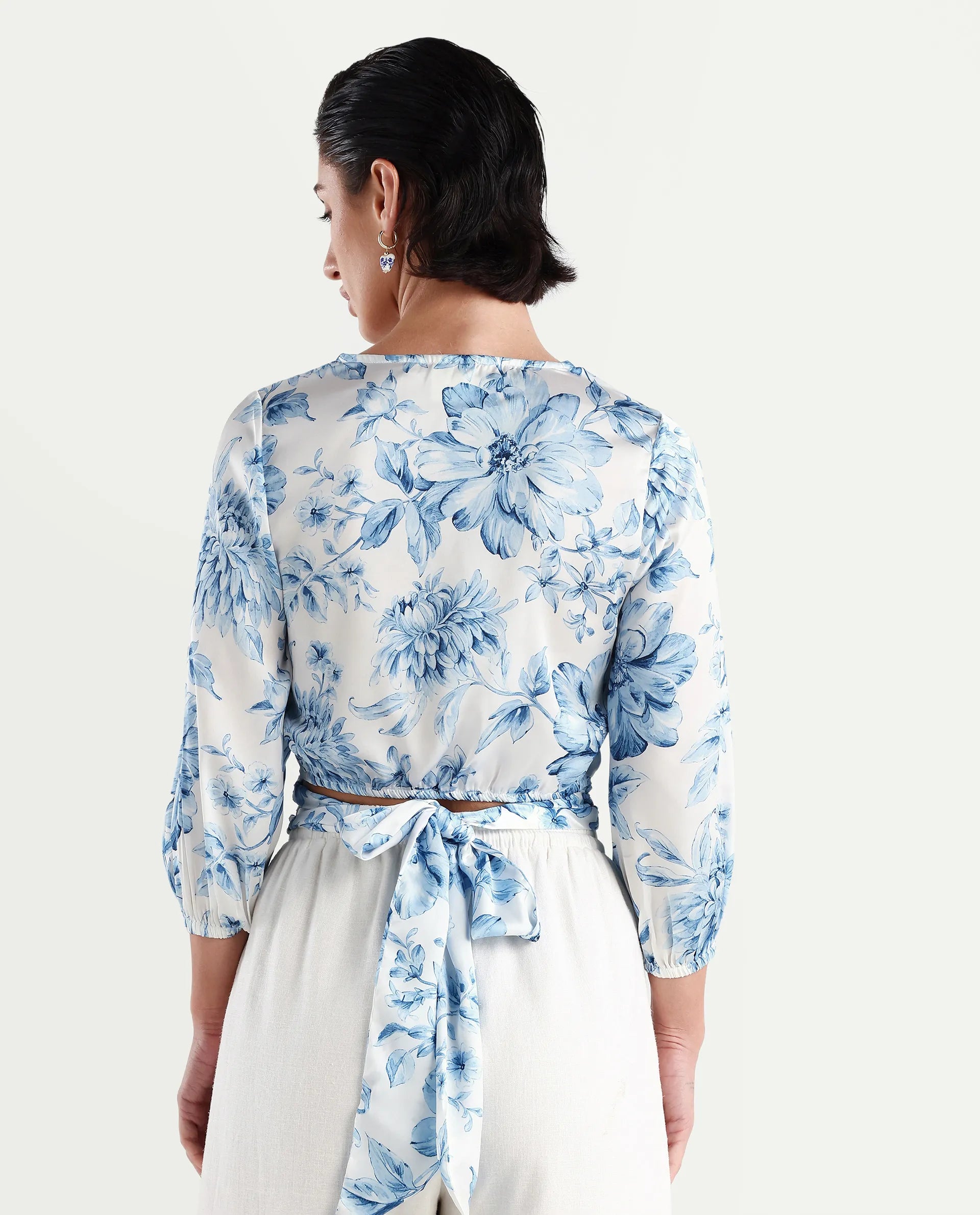 Rareism Women's Milan Light Satin V-Neck Floral Print Bell Sleeve Crop Regular Fit Top