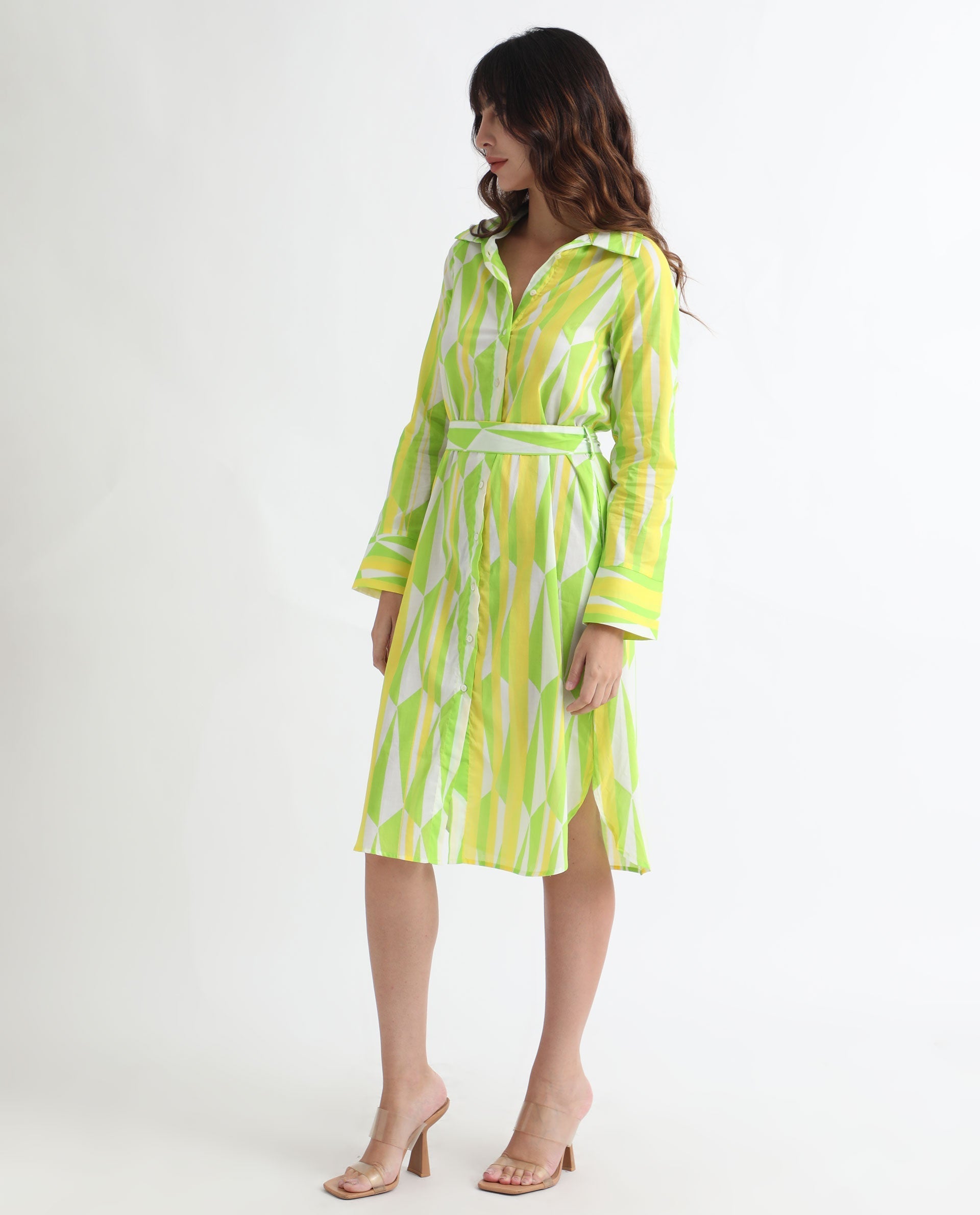 Rareism Women's Miller Multi Cotton Spread Collar Abstract Print Cuffed Sleeve Midi Regular Fit Dress