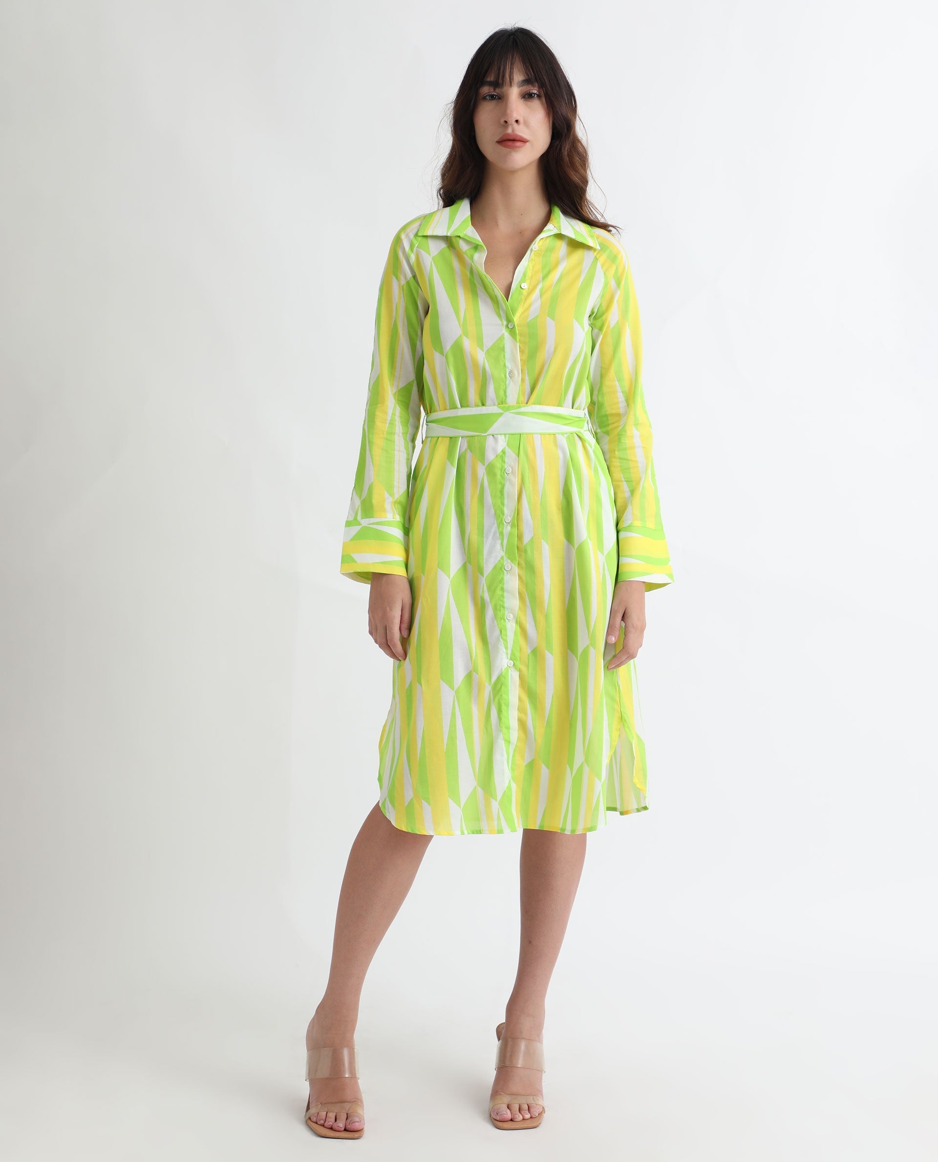 Rareism Women's Miller Multi Cotton Spread Collar Abstract Print Cuffed Sleeve Midi Regular Fit Dress