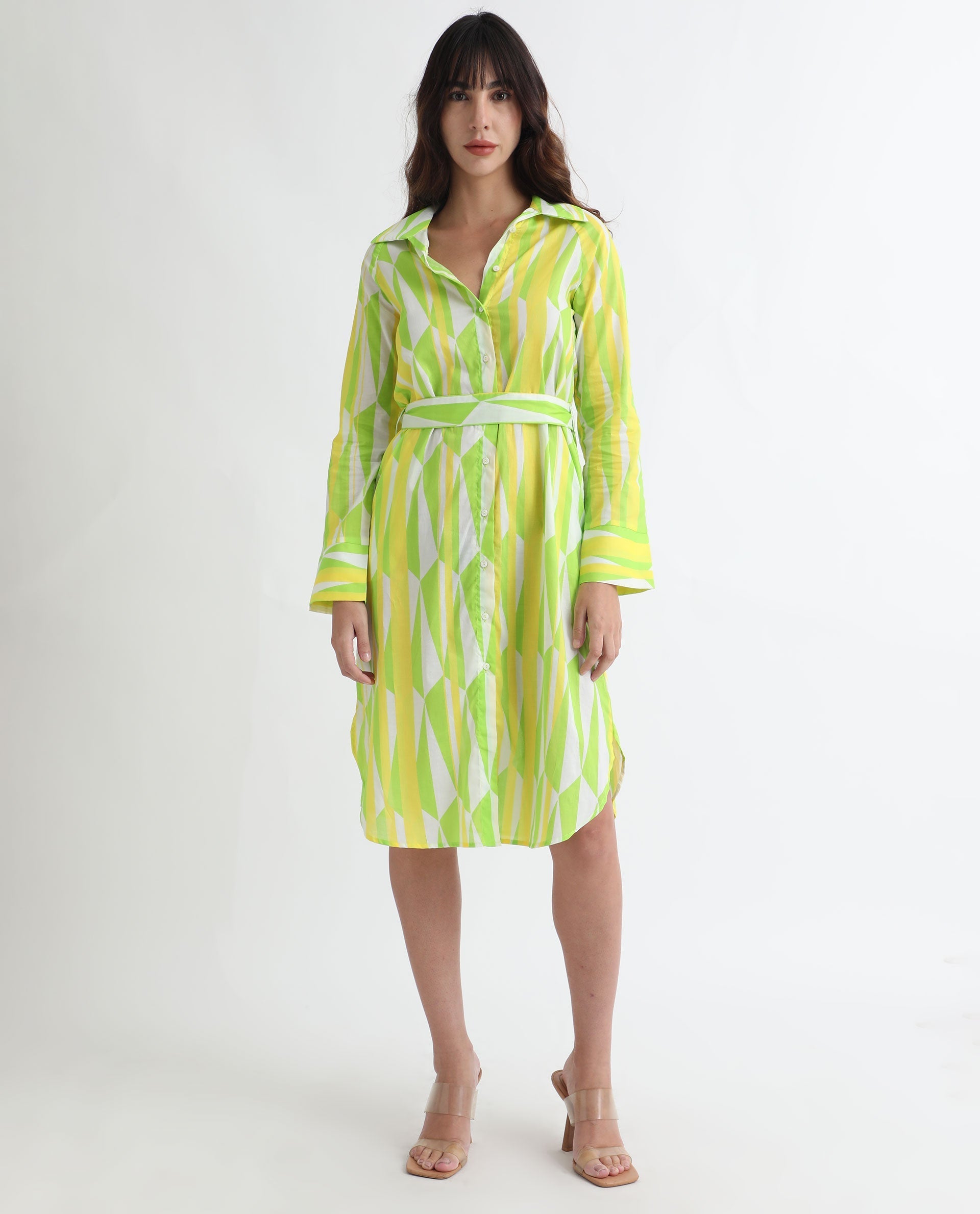 Rareism Women's Miller Multi Cotton Spread Collar Abstract Print Cuffed Sleeve Midi Regular Fit Dress