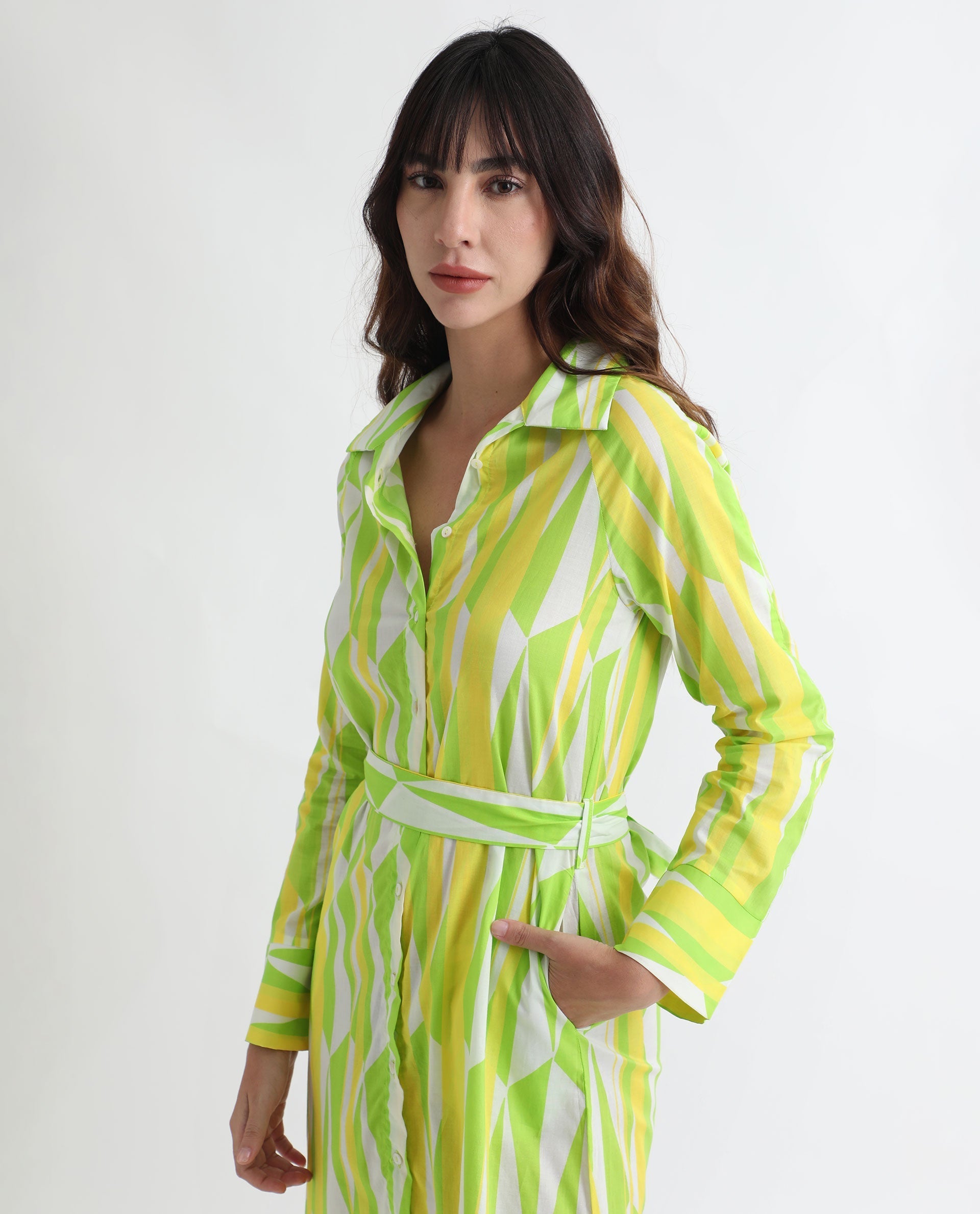 Rareism Women's Miller Multi Cotton Spread Collar Abstract Print Cuffed Sleeve Midi Regular Fit Dress