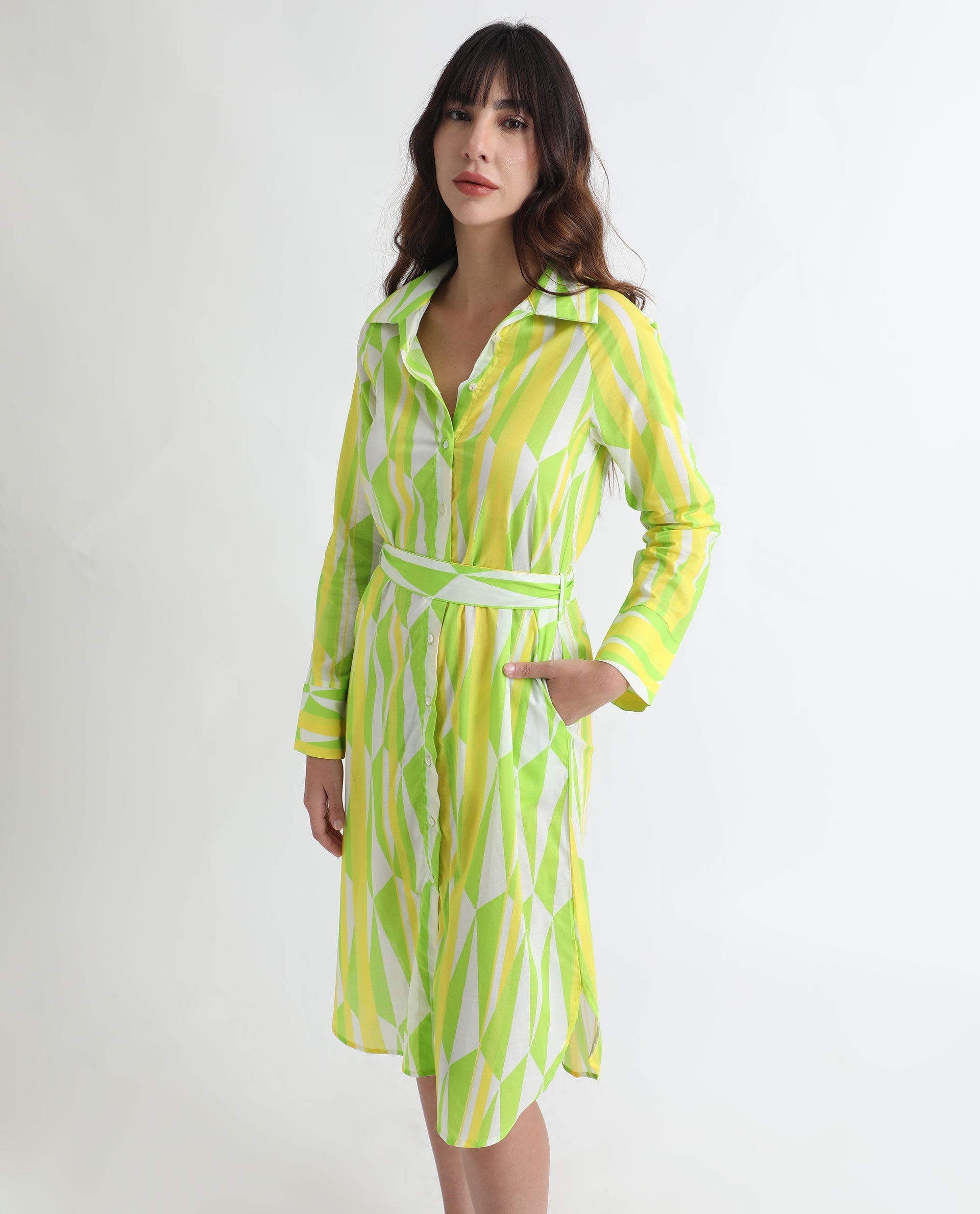 Rareism Women's Miller Multi Cotton Spread Collar Abstract Print Cuffed Sleeve Midi Regular Fit Dress