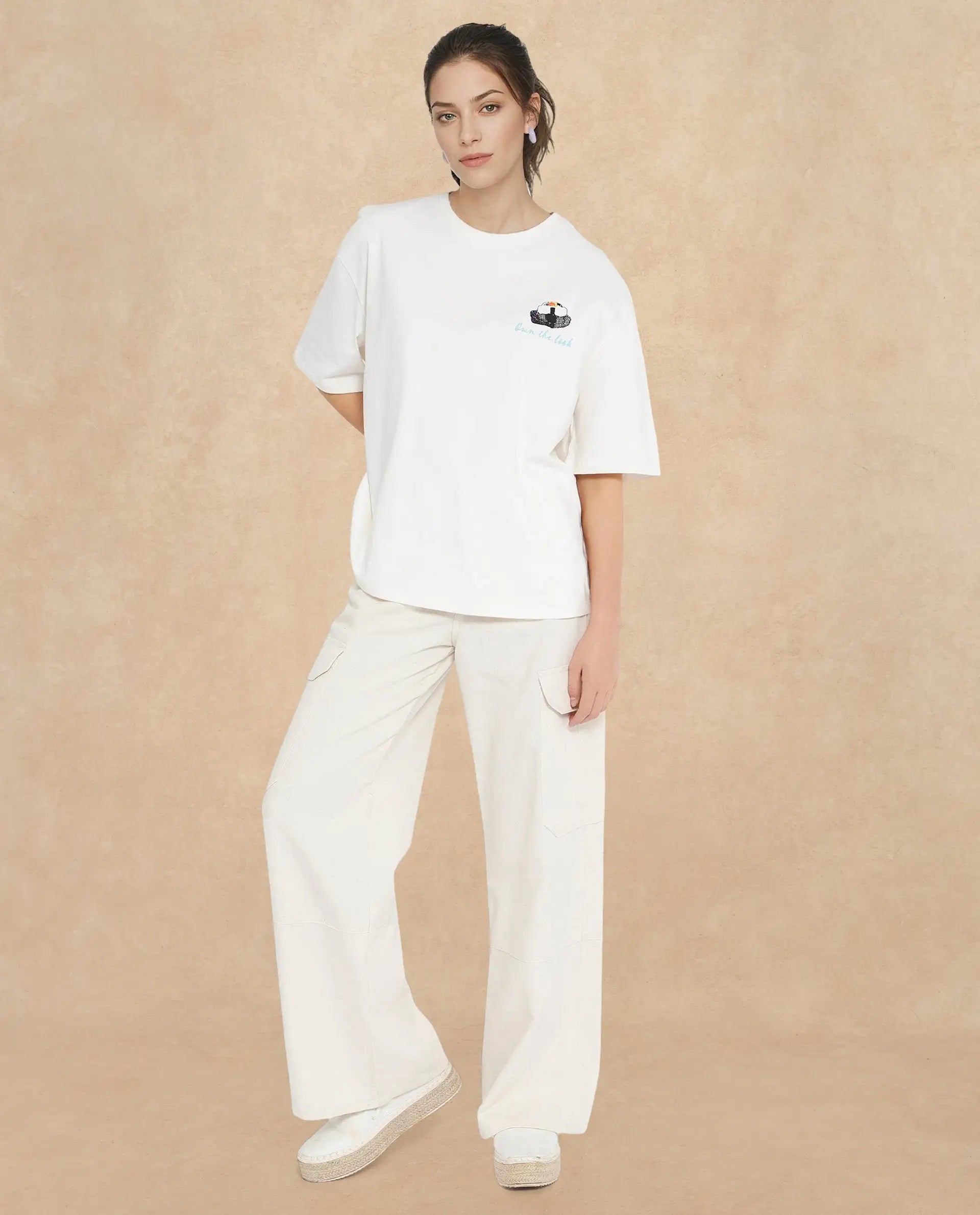 Rareism Women's Mindy Off White Cotton Blend Crew Neck Graphic Print Relaxed Fit T-Shirt