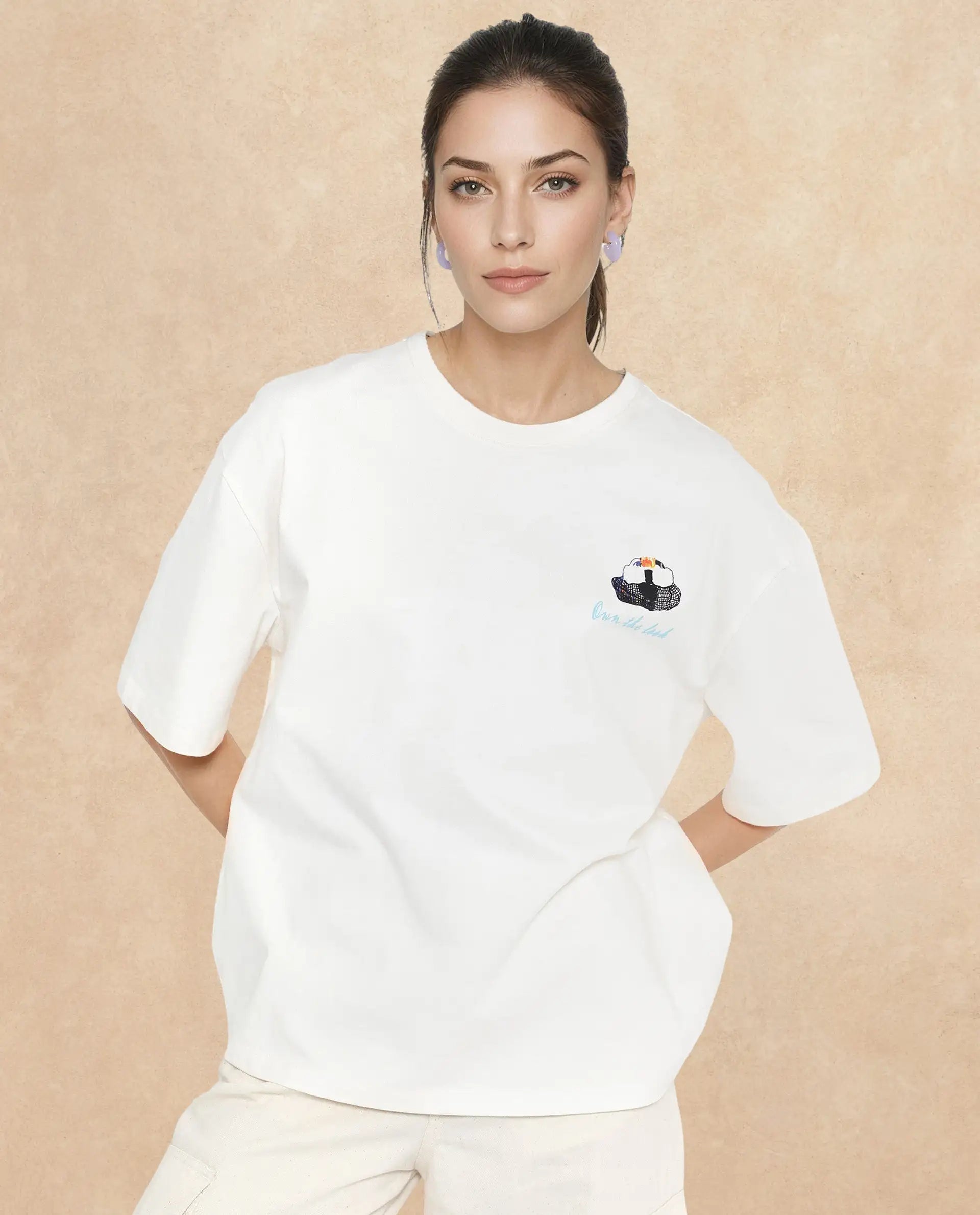 Rareism Women's Mindy Off White Cotton Blend Crew Neck Graphic Print Relaxed Fit T-Shirt