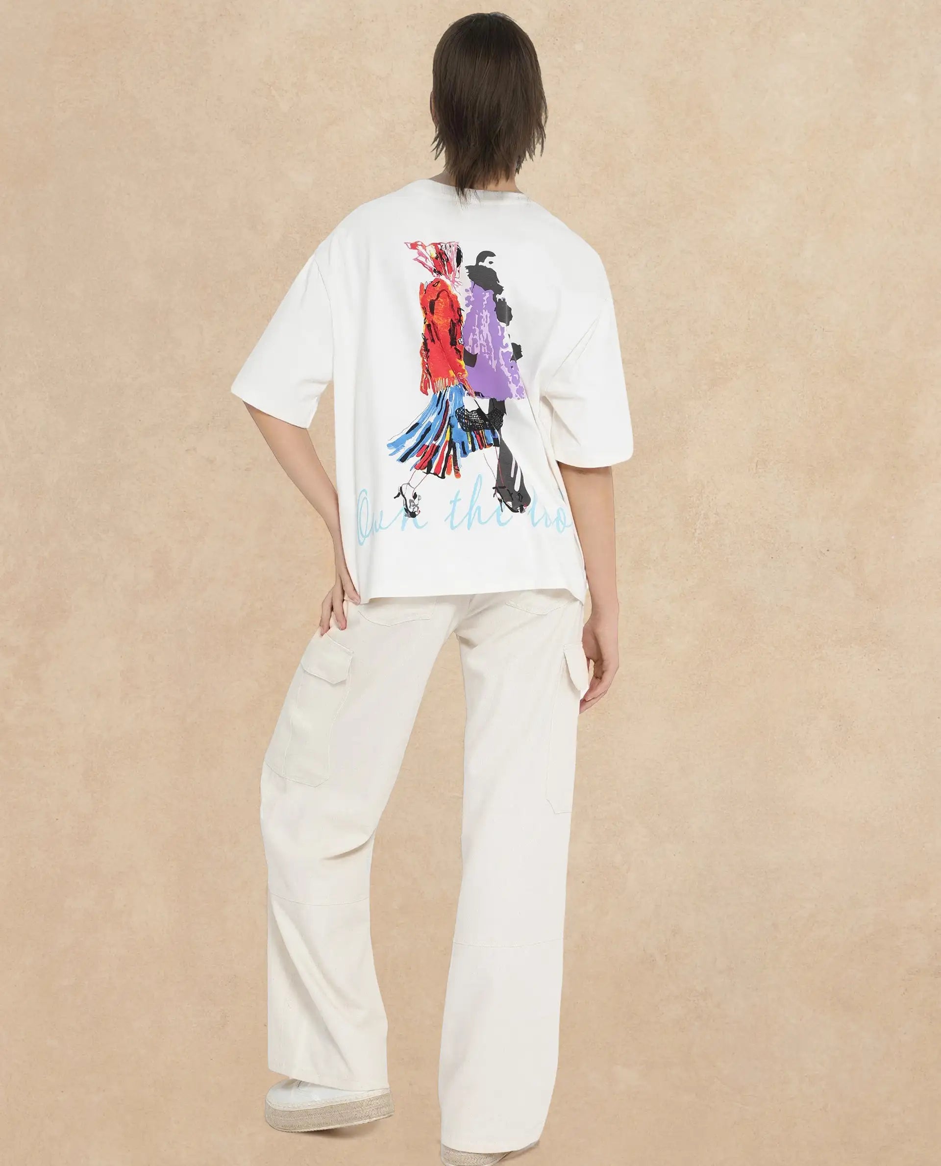 Rareism Women's Mindy Off White Cotton Blend Crew Neck Graphic Print Relaxed Fit T-Shirt