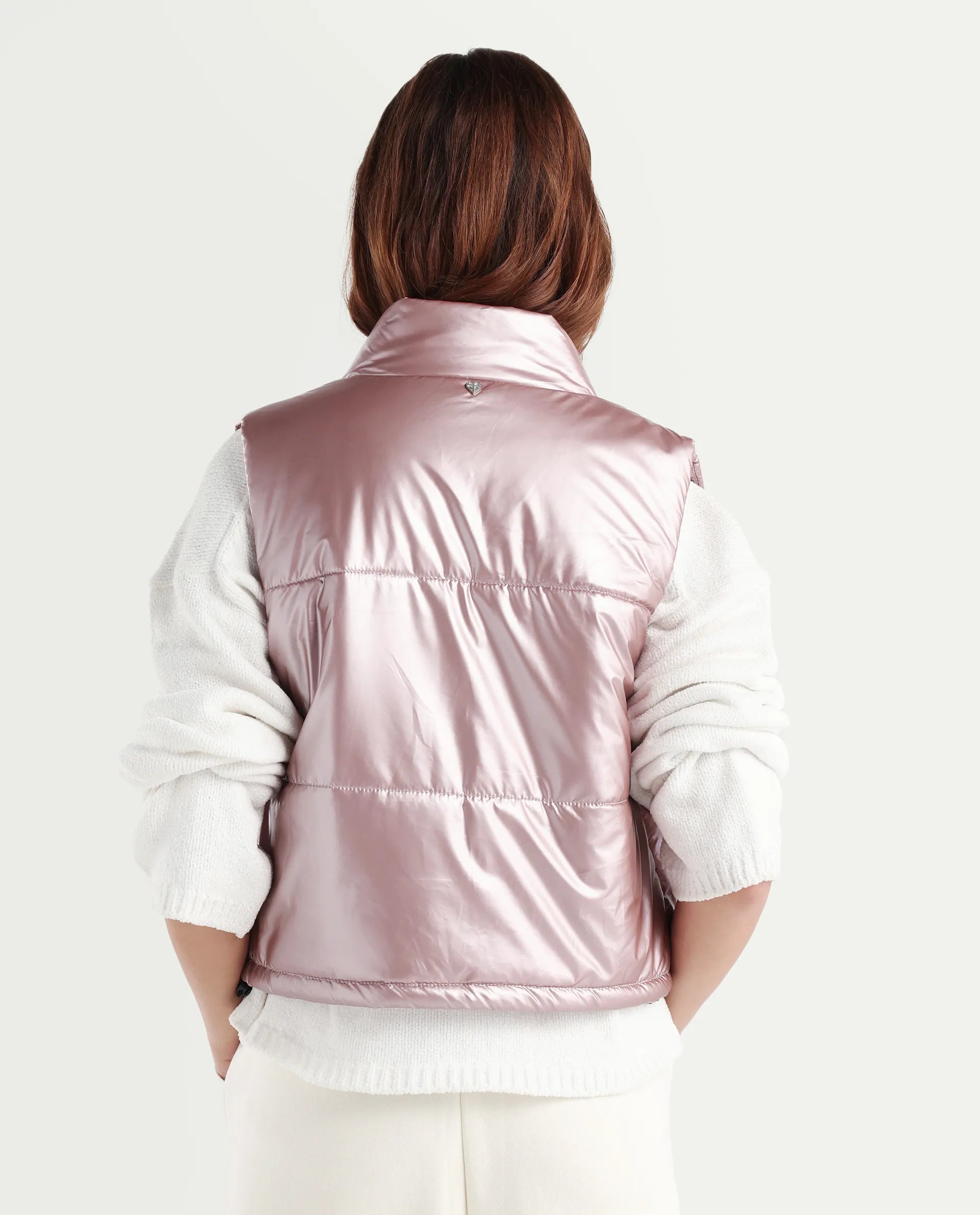 Rareism Women's Mindy Pink Polyester High Neck Plain Sleeveless Regular Fit Jacket