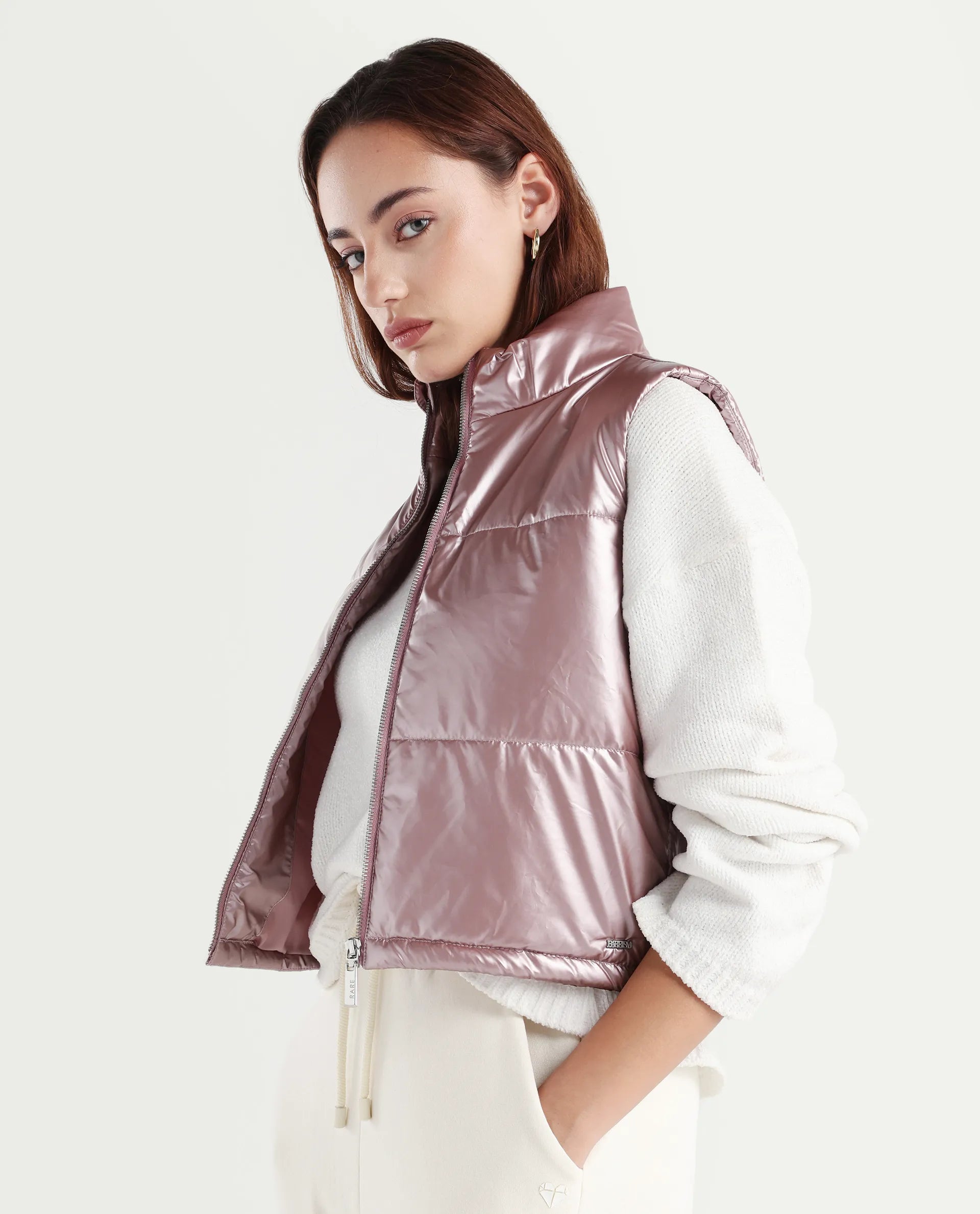 Rareism Women's Mindy Pink Polyester High Neck Plain Sleeveless Regular Fit Jacket