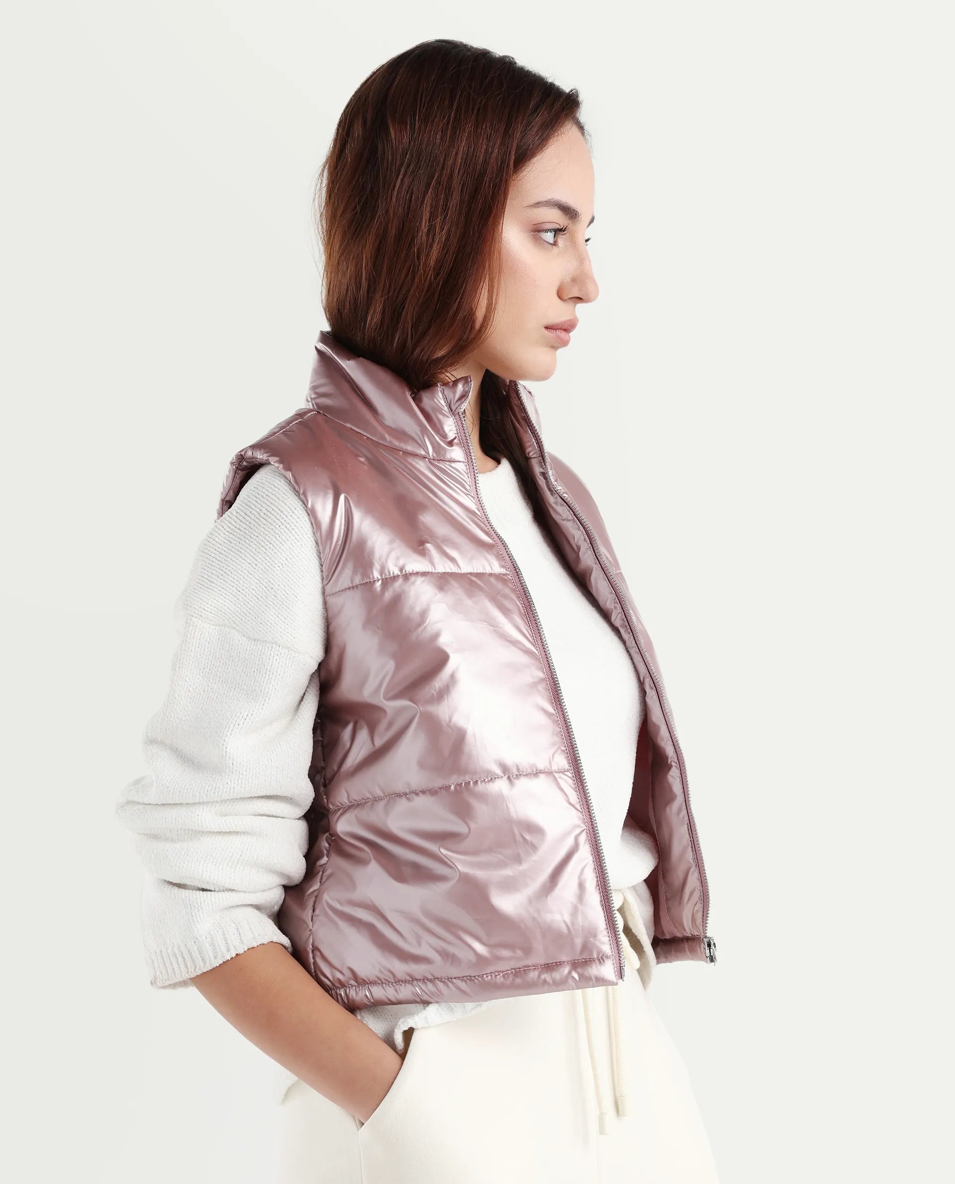 Rareism Women's Mindy Pink Polyester High Neck Plain Sleeveless Regular Fit Jacket