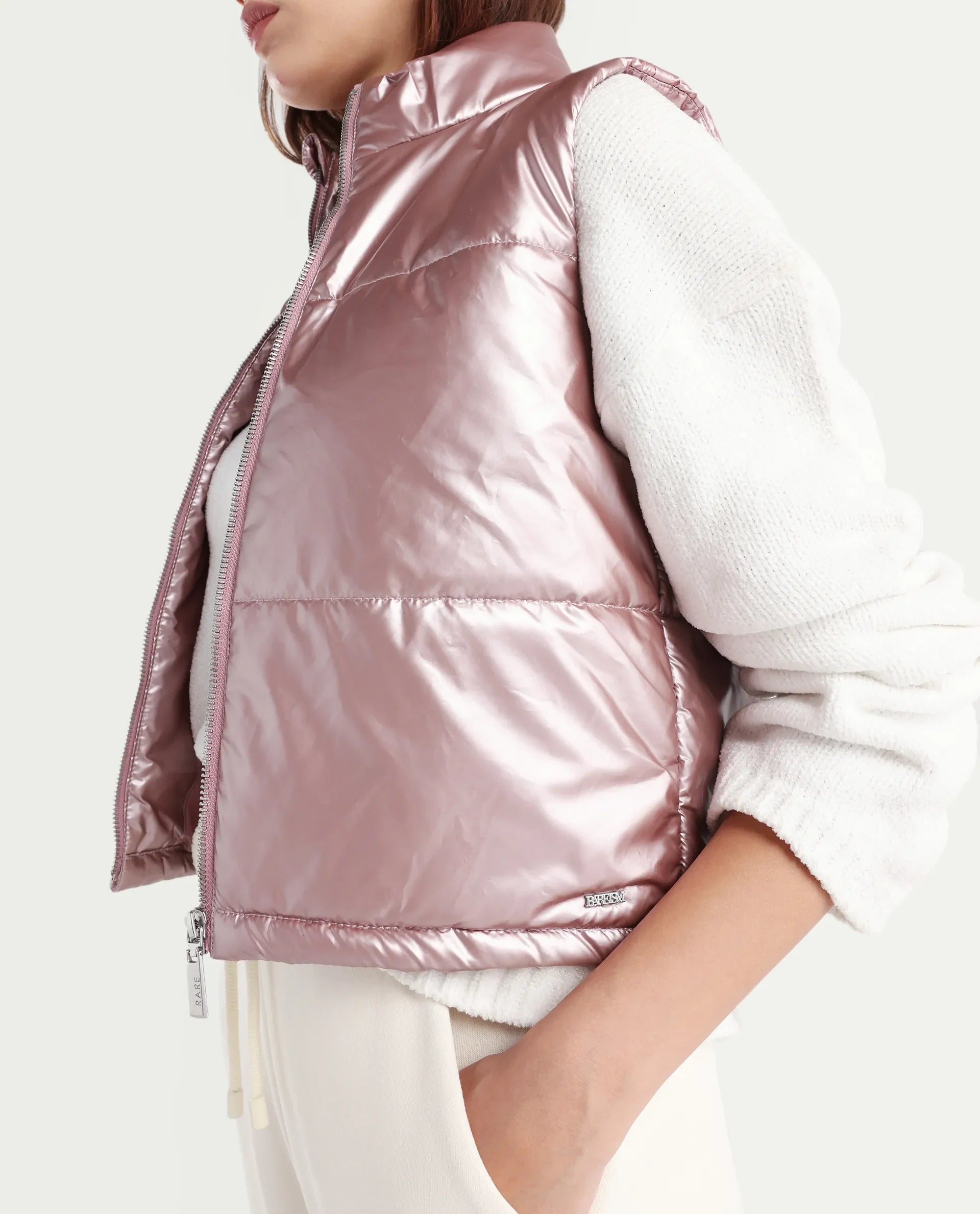 Rareism Women's Mindy Pink Polyester High Neck Plain Sleeveless Regular Fit Jacket