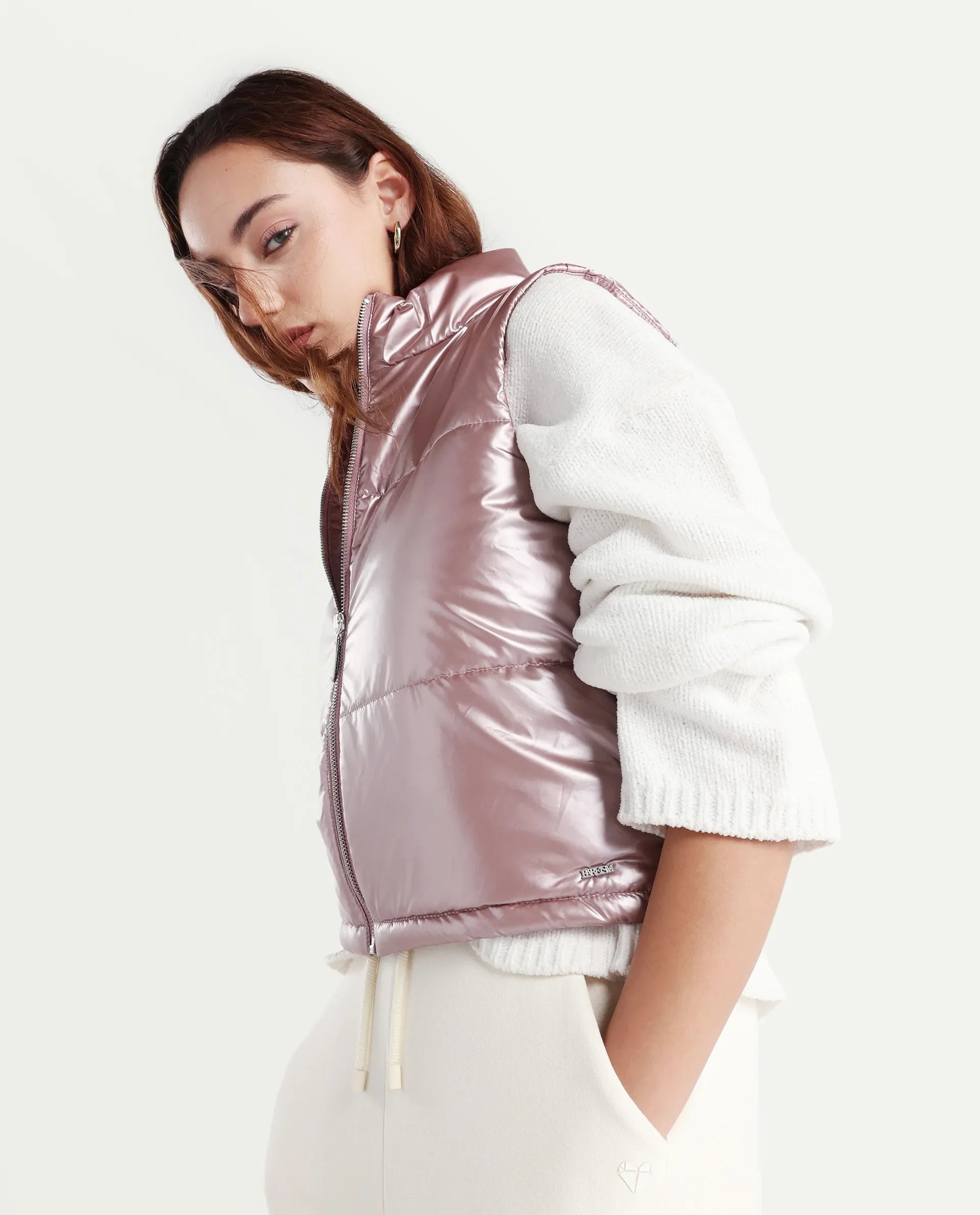 Rareism Women's Mindy Pink Polyester High Neck Plain Sleeveless Regular Fit Jacket