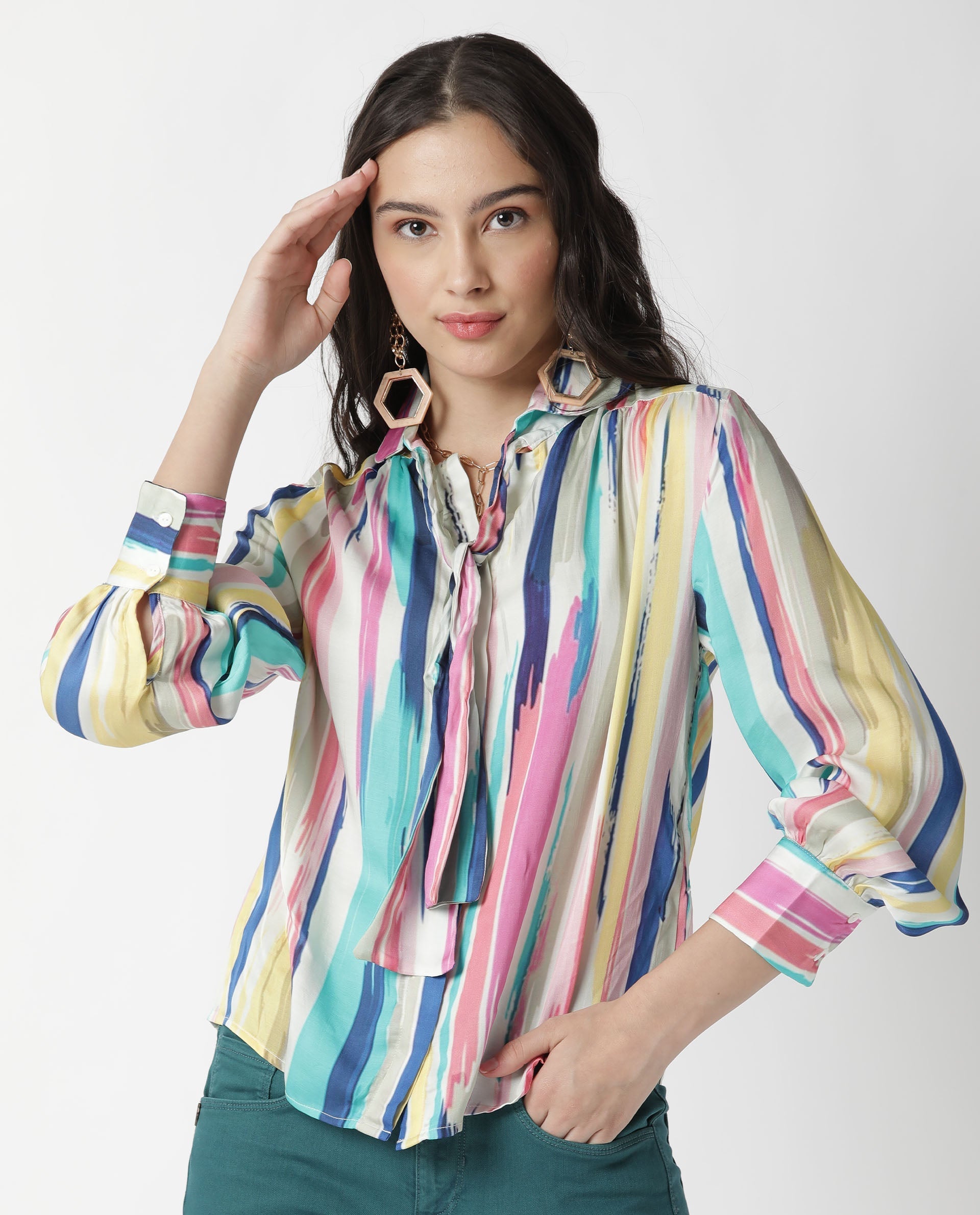 Rareism Womens Mingo Multi Top Modal Satin Fabric Regular Fit Volume Sleeve Tie Up