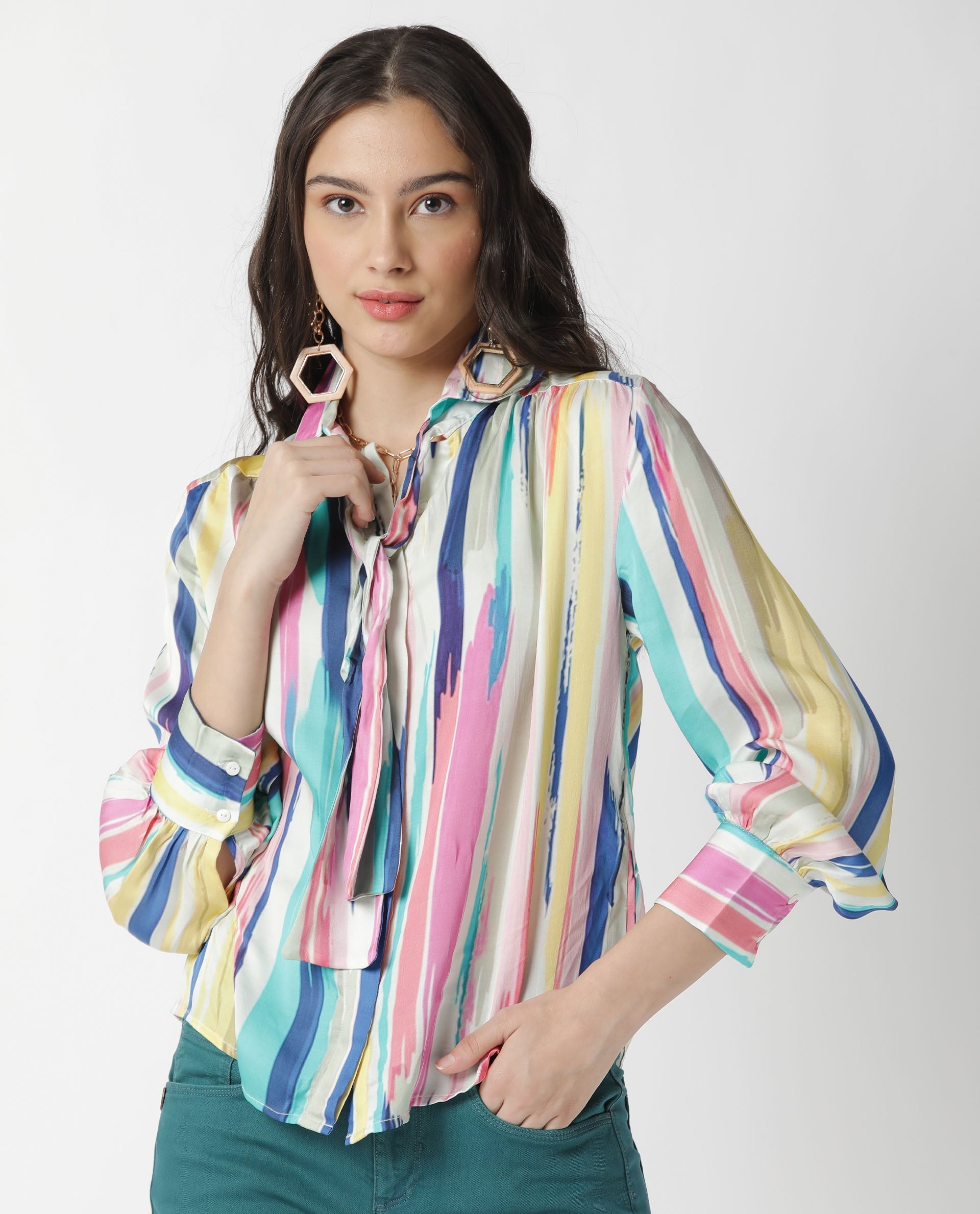 Rareism Womens Mingo Multi Top Modal Satin Fabric Regular Fit Volume Sleeve Tie Up