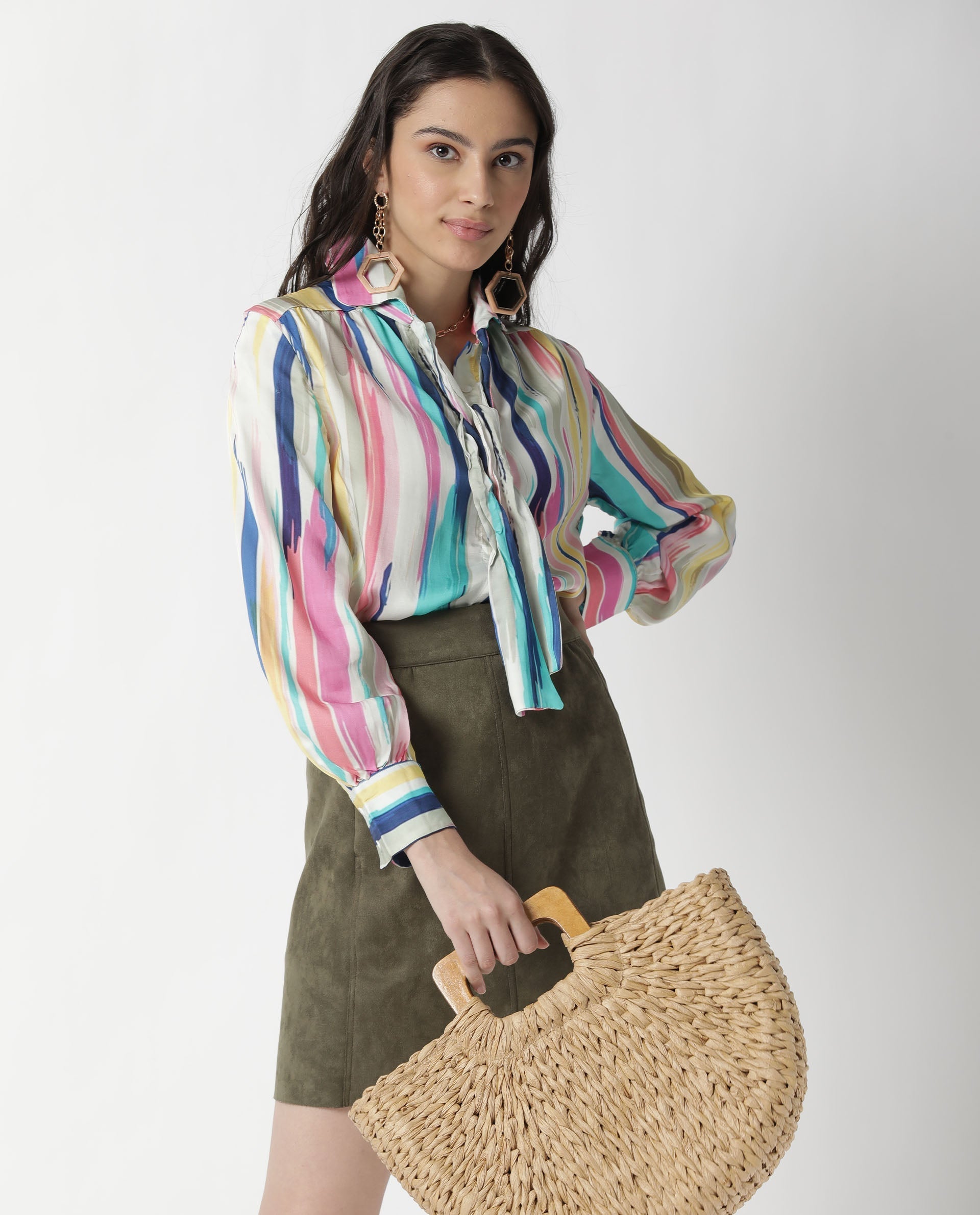 Rareism Womens Mingo Multi Top Modal Satin Fabric Regular Fit Volume Sleeve Tie Up