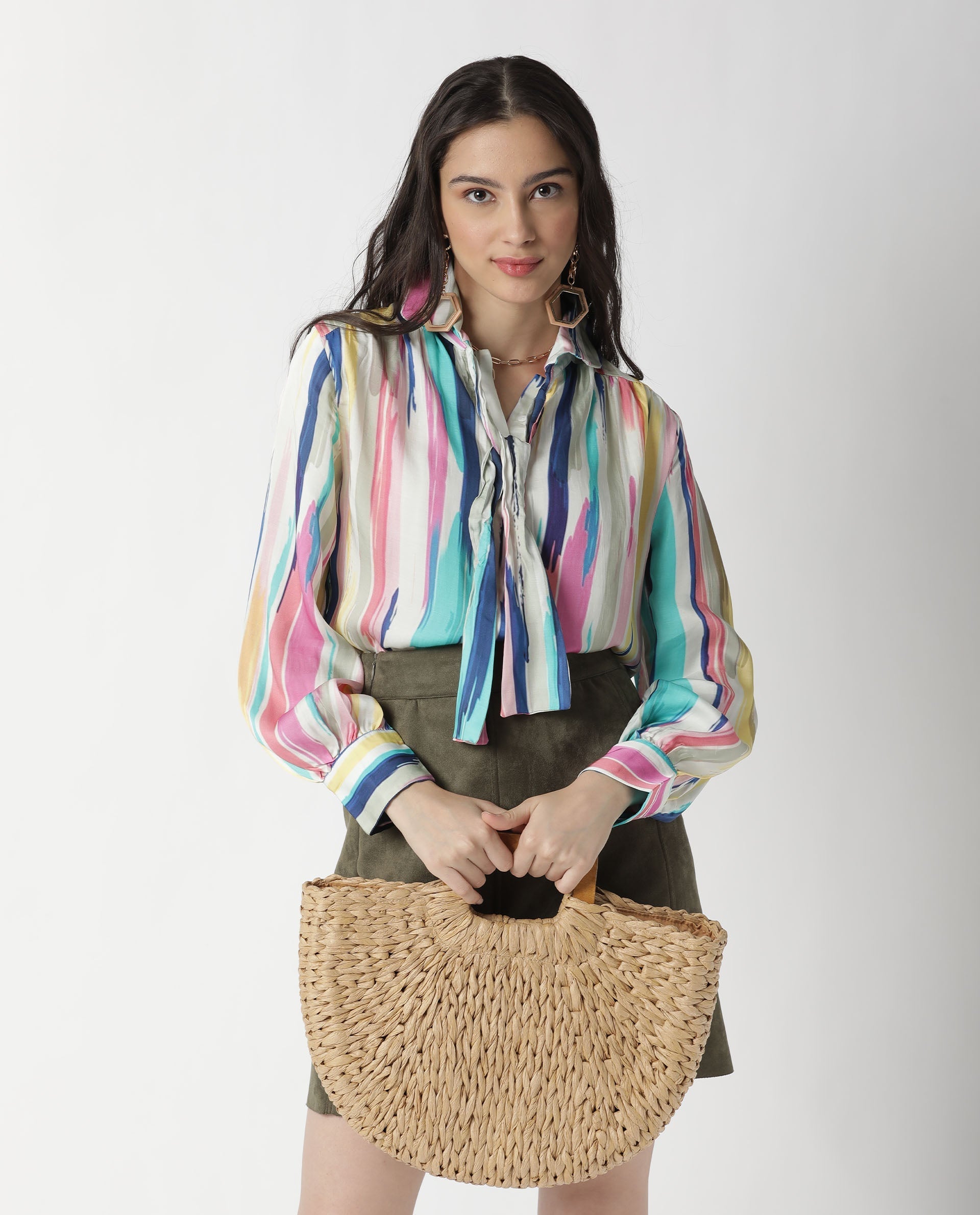 Rareism Womens Mingo Multi Top Modal Satin Fabric Regular Fit Volume Sleeve Tie Up