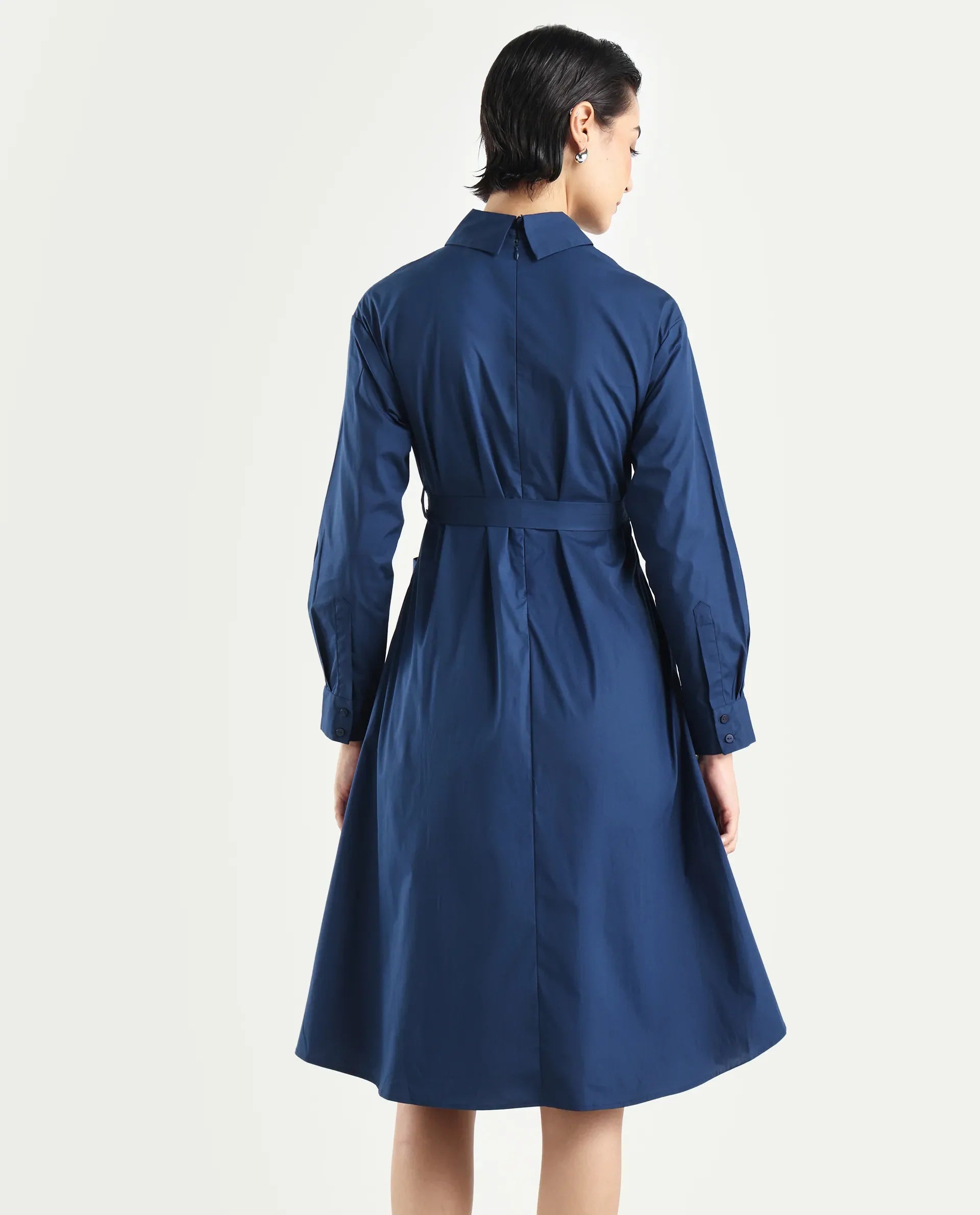 Rareism Women's Minifi Navy Cotton Blend Spread Collar Plain Cuffed Sleeve Knee Length Flared Dress