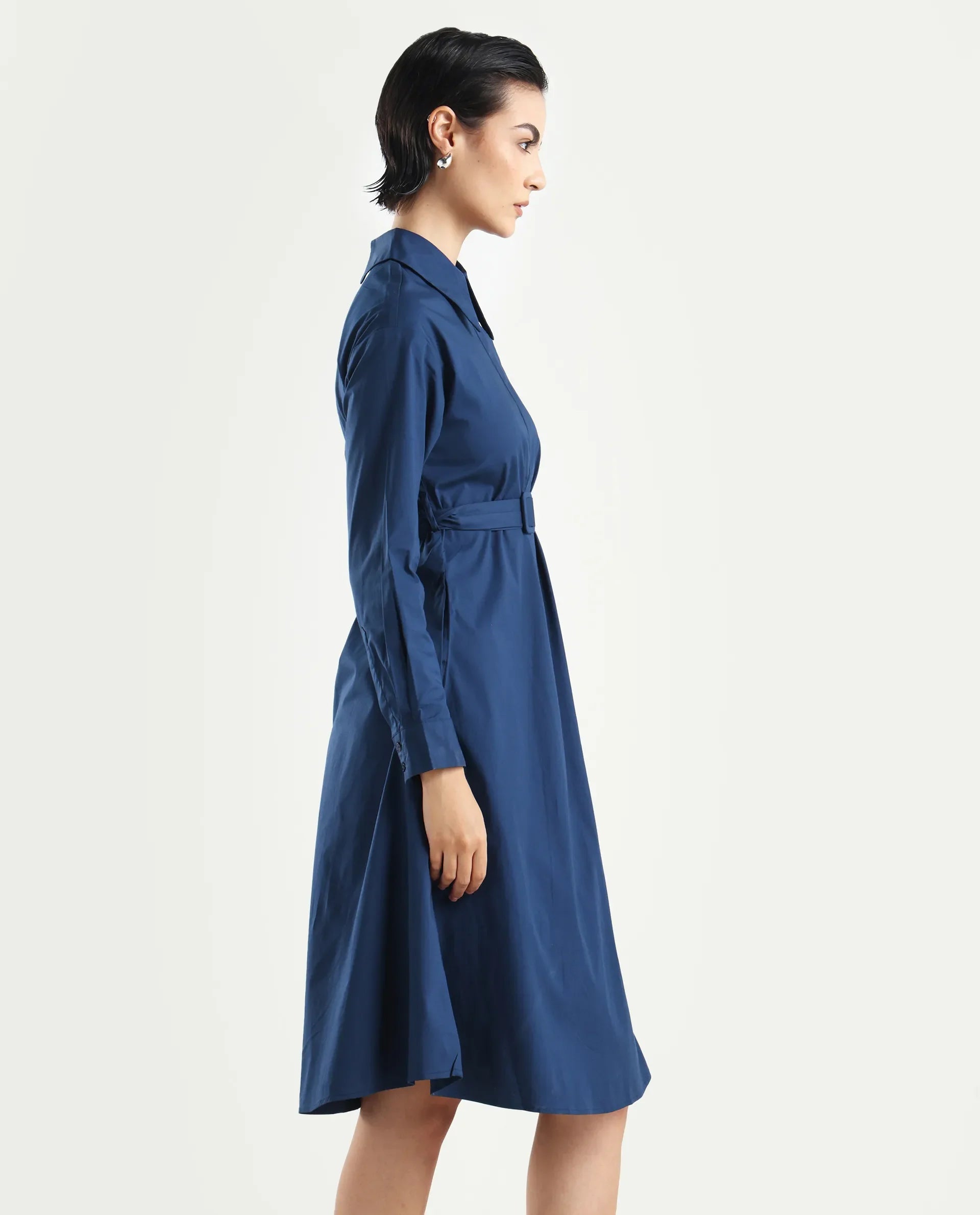 Rareism Women's Minifi Navy Cotton Blend Spread Collar Plain Cuffed Sleeve Knee Length Flared Dress