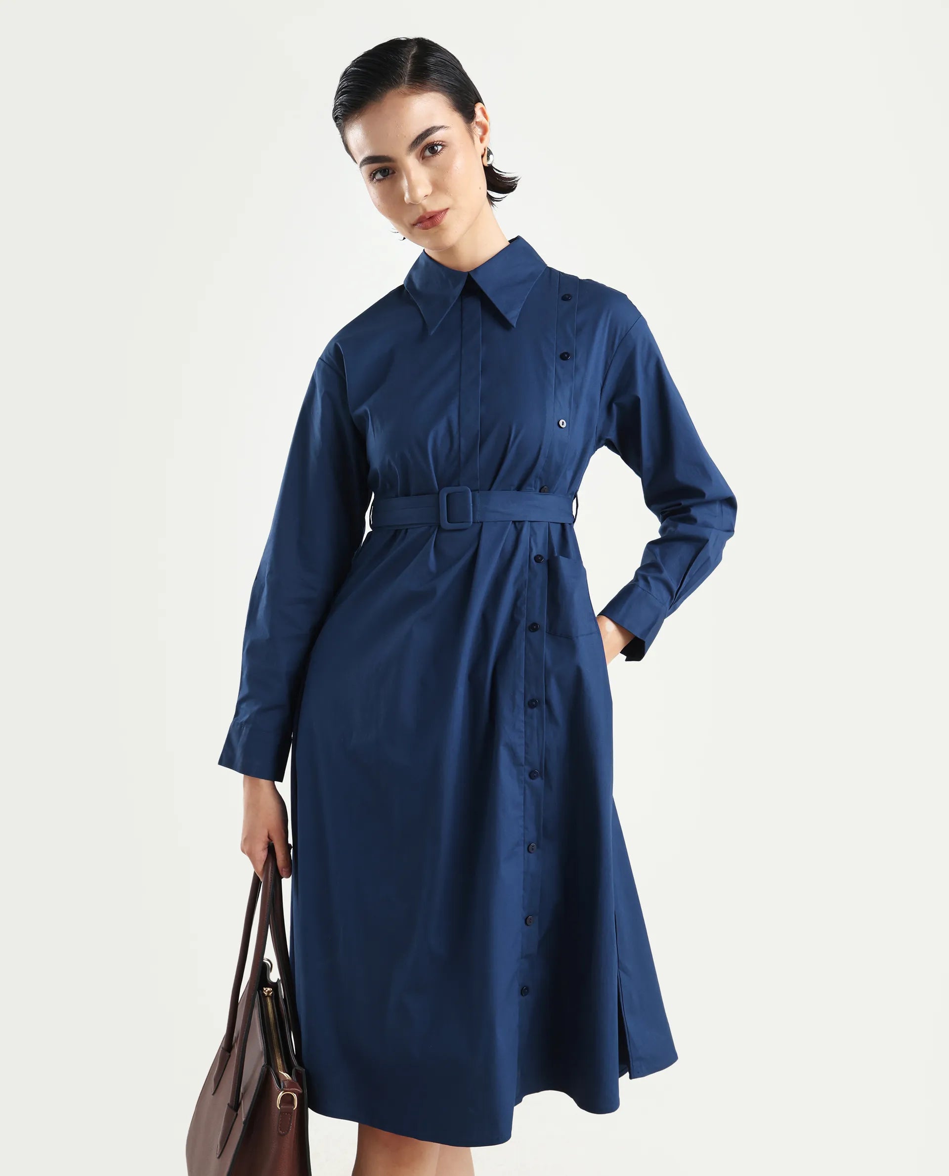Rareism Women's Minifi Navy Cotton Blend Spread Collar Plain Cuffed Sleeve Knee Length Flared Dress