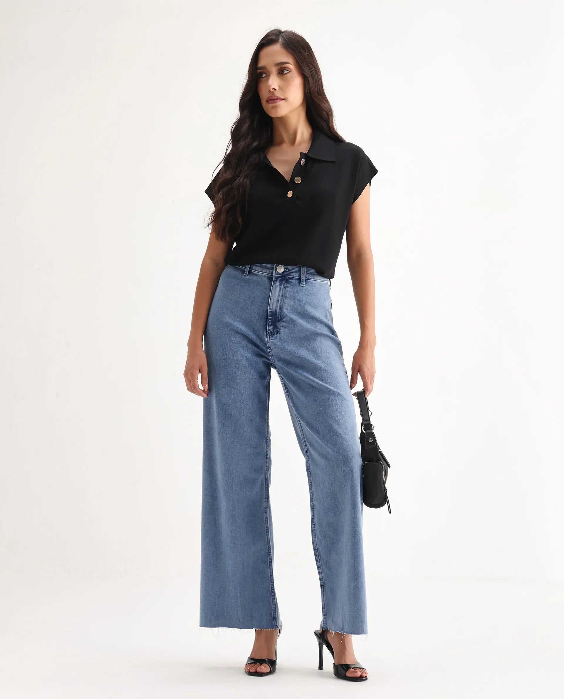 Rareism Women's Miniko Light Blue Cotton Blend Plain Ankle Length Effortless Sculpt high wide Jeans