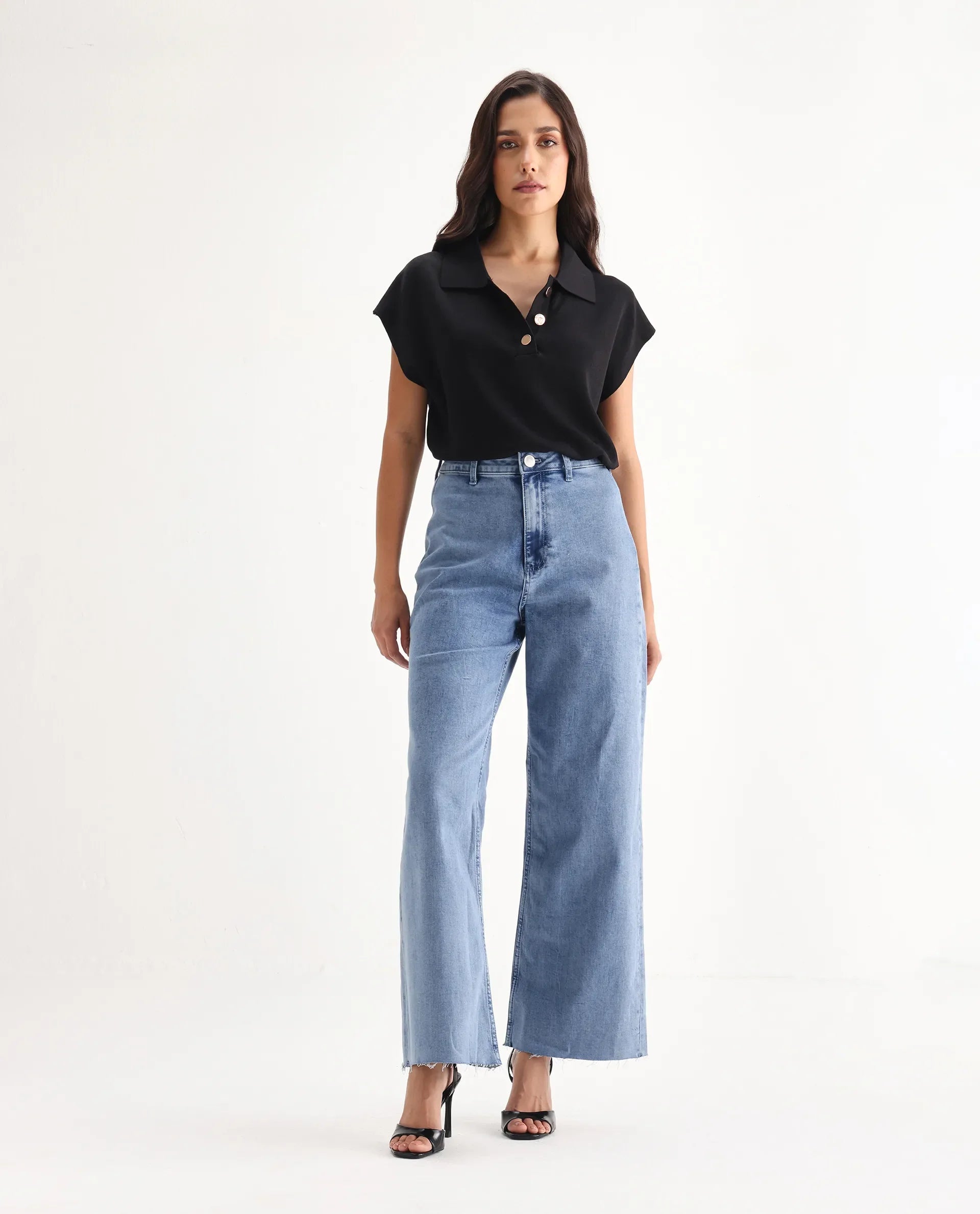 Rareism Women's Miniko Light Blue Cotton Blend Plain Ankle Length Effortless Sculpt high wide Jeans