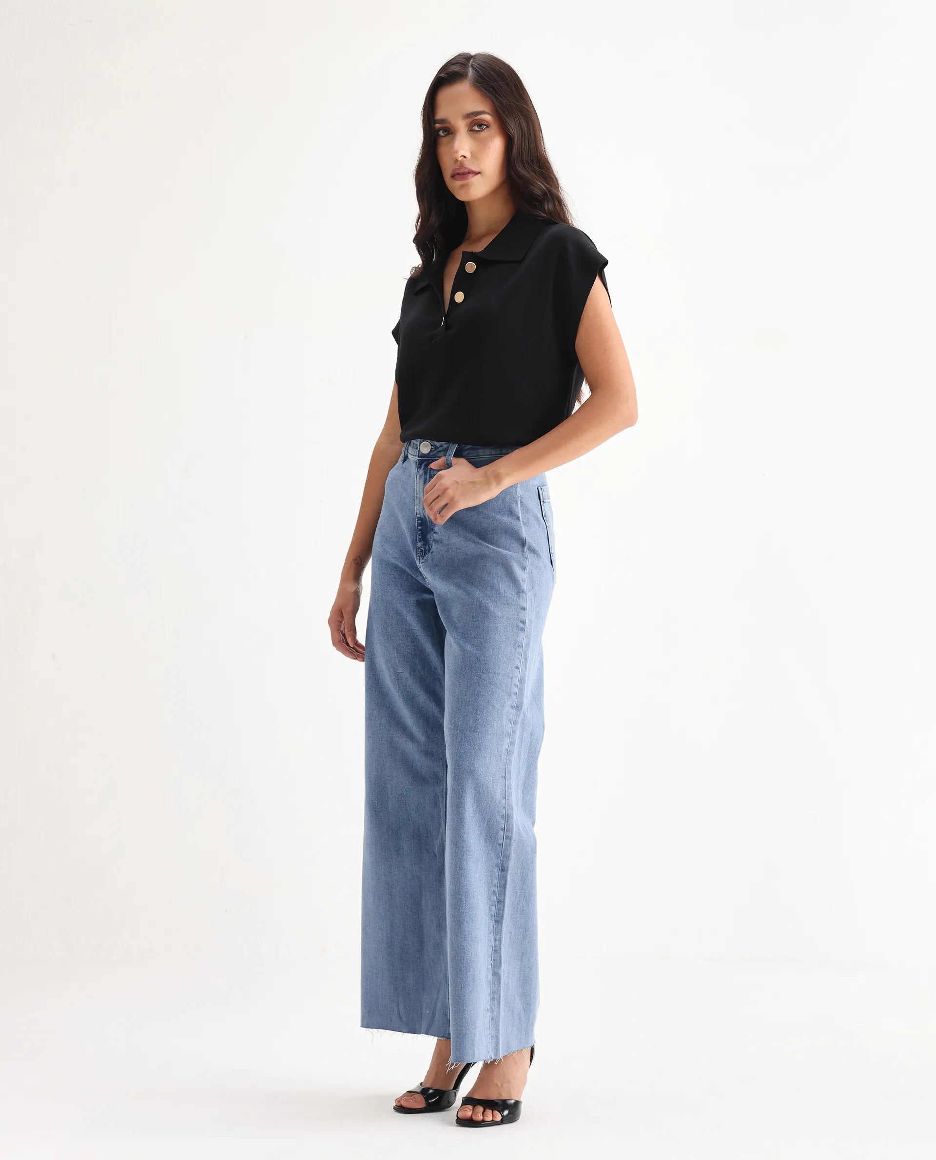 Rareism Women's Miniko Light Blue Cotton Blend Plain Ankle Length Effortless Sculpt high wide Jeans