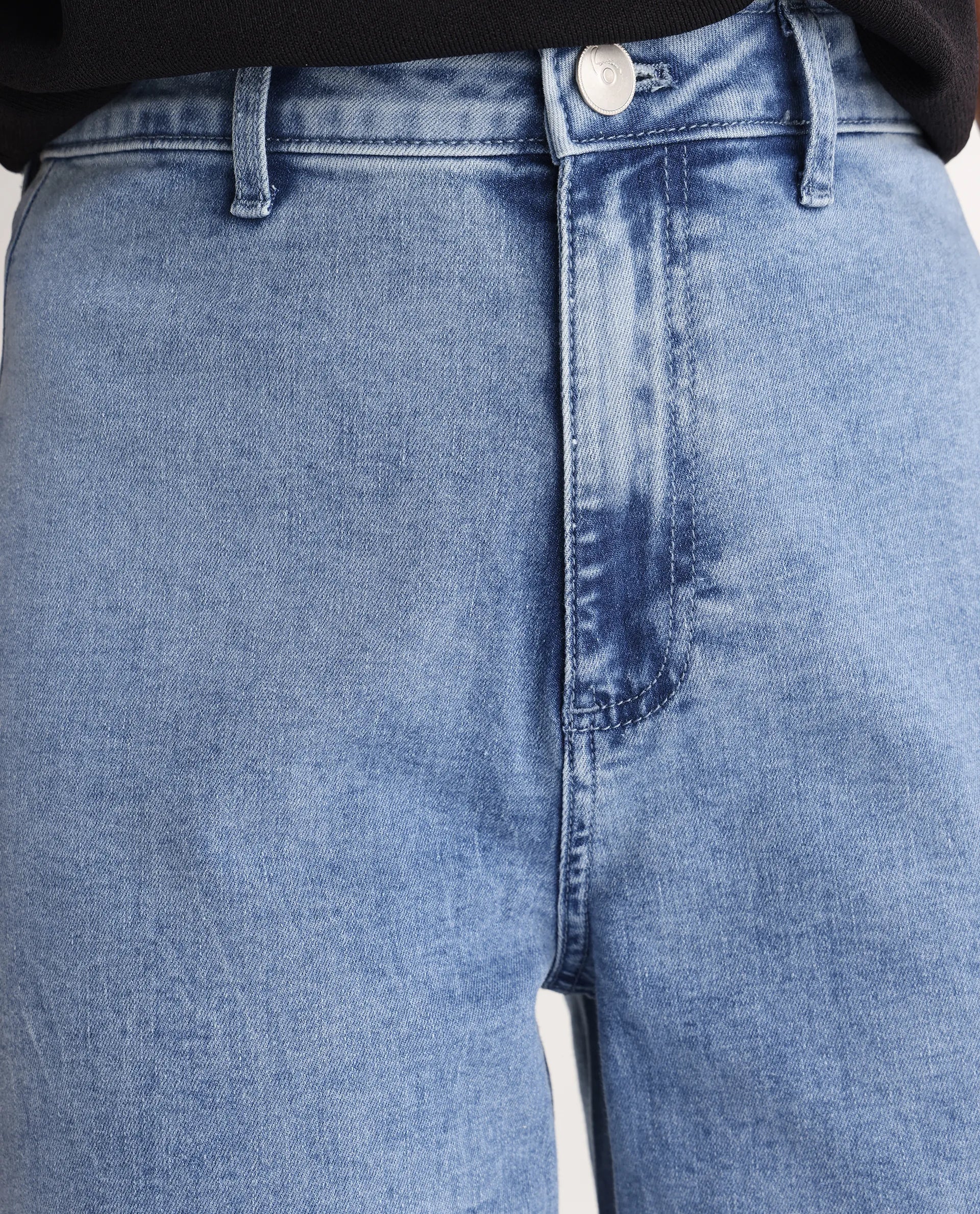 Rareism Women's Miniko Light Blue Cotton Blend Plain Ankle Length Effortless Sculpt high wide Jeans