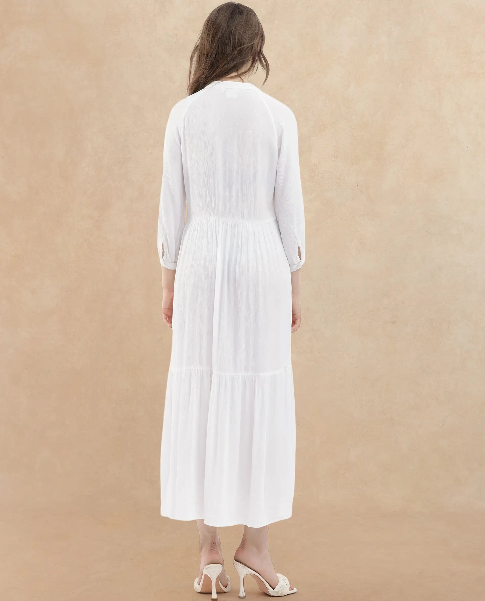 Rareism Women's Miltry Light White Viscose Mandarin Collar Plain Raglan Sleeve Maxi Fit And Flare Dress