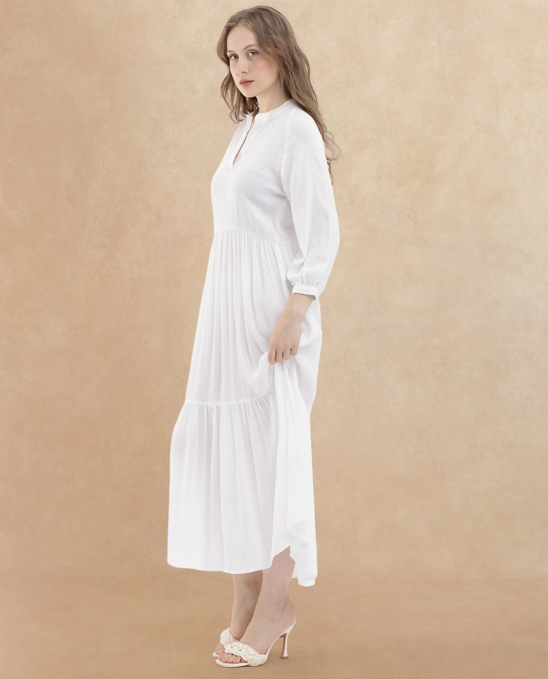 Rareism Women's Miltry Light White Viscose Mandarin Collar Plain Raglan Sleeve Maxi Fit And Flare Dress