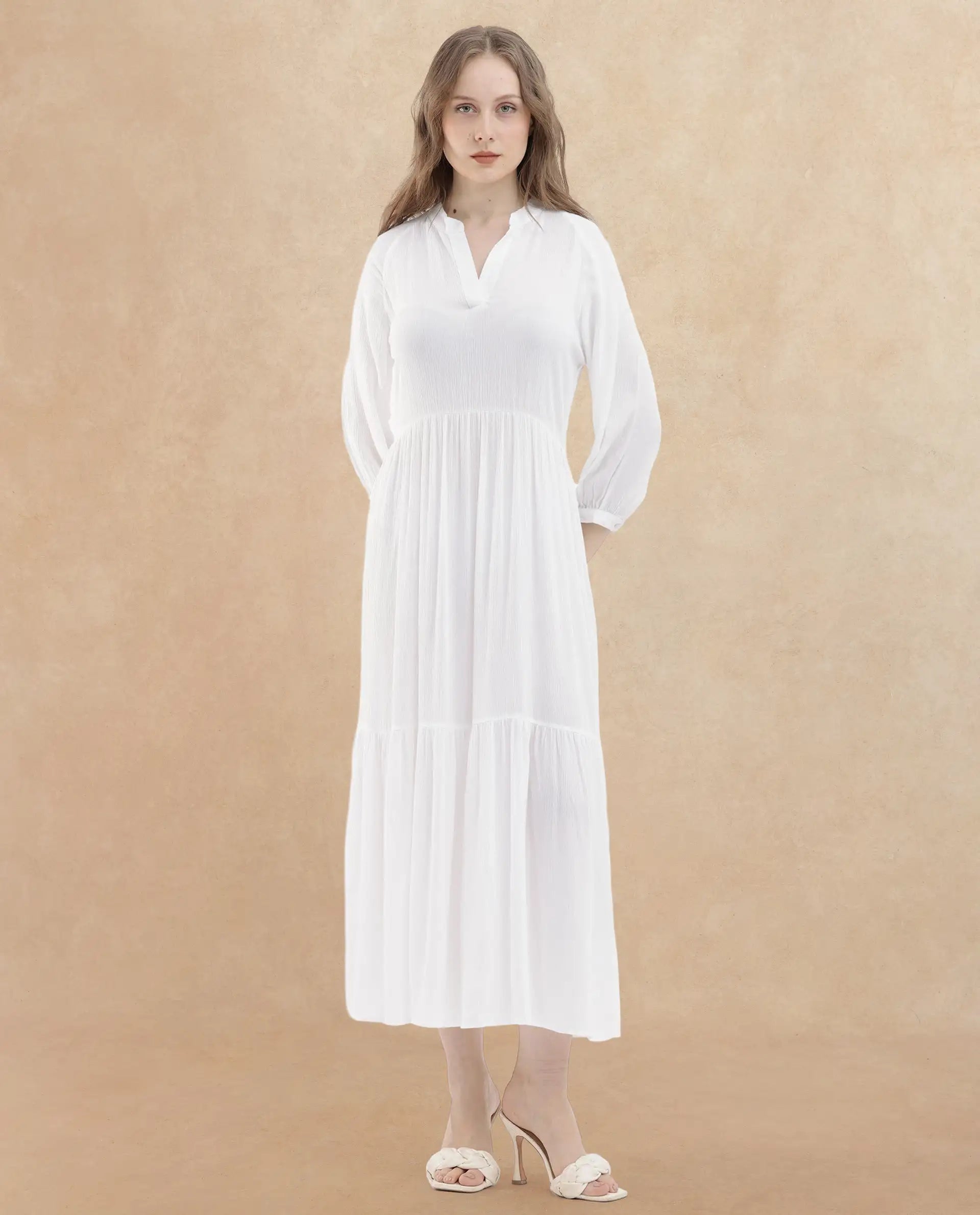 Rareism Women's Miltry Light White Viscose Mandarin Collar Plain Raglan Sleeve Maxi Fit And Flare Dress