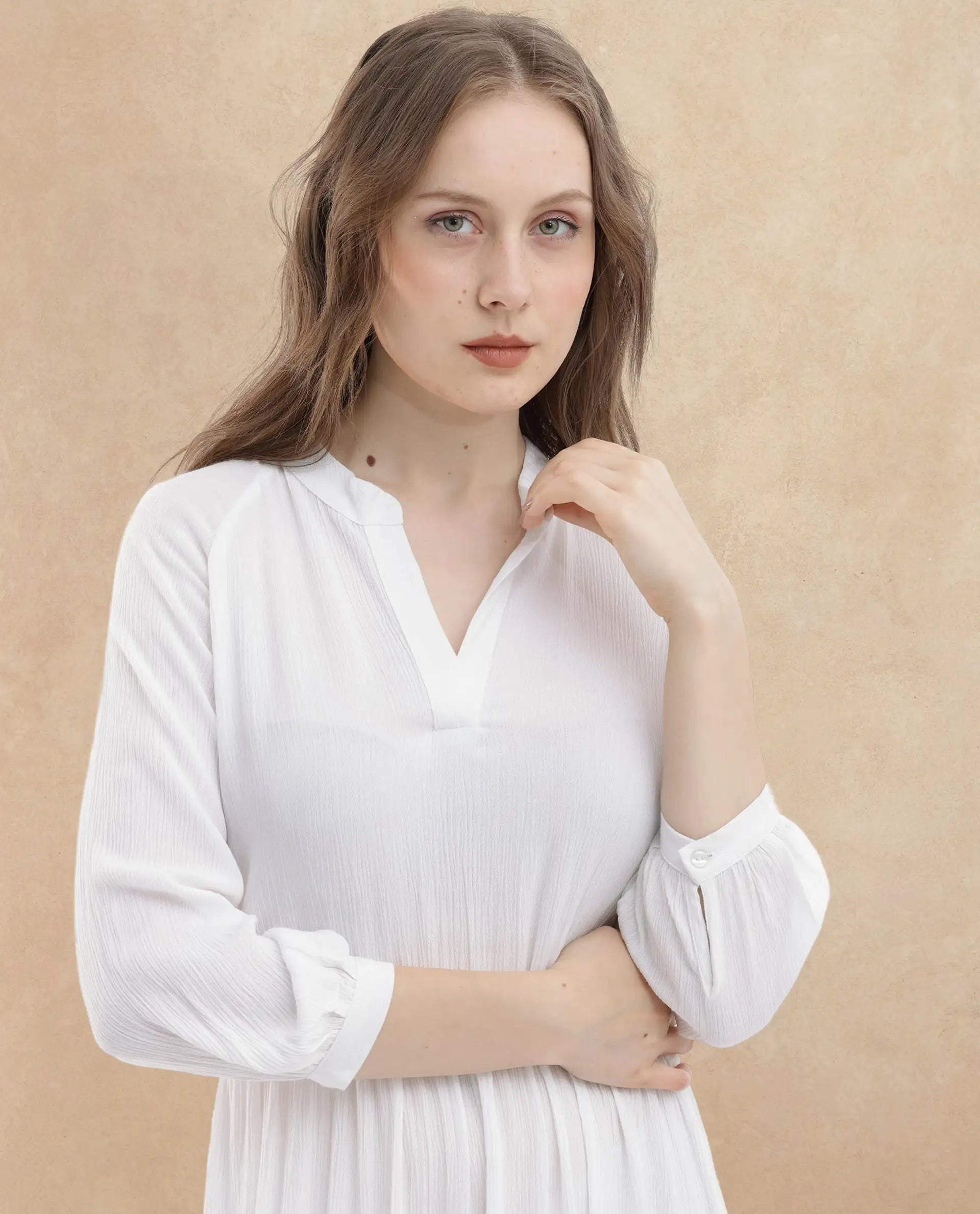 Rareism Women's Miltry Light White Viscose Mandarin Collar Plain Raglan Sleeve Maxi Fit And Flare Dress
