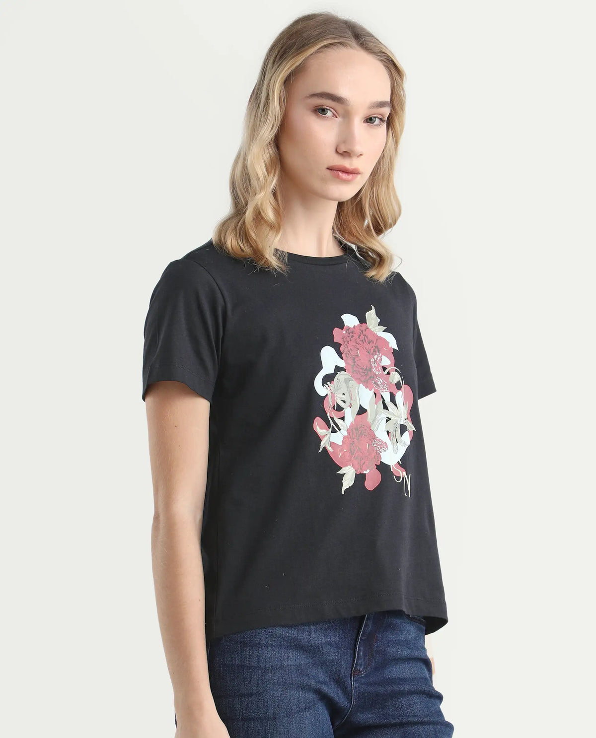 Rareism Women's Mirth Black Cotton Blend Crew Neck Graphic Print Regular Fit T-Shirt