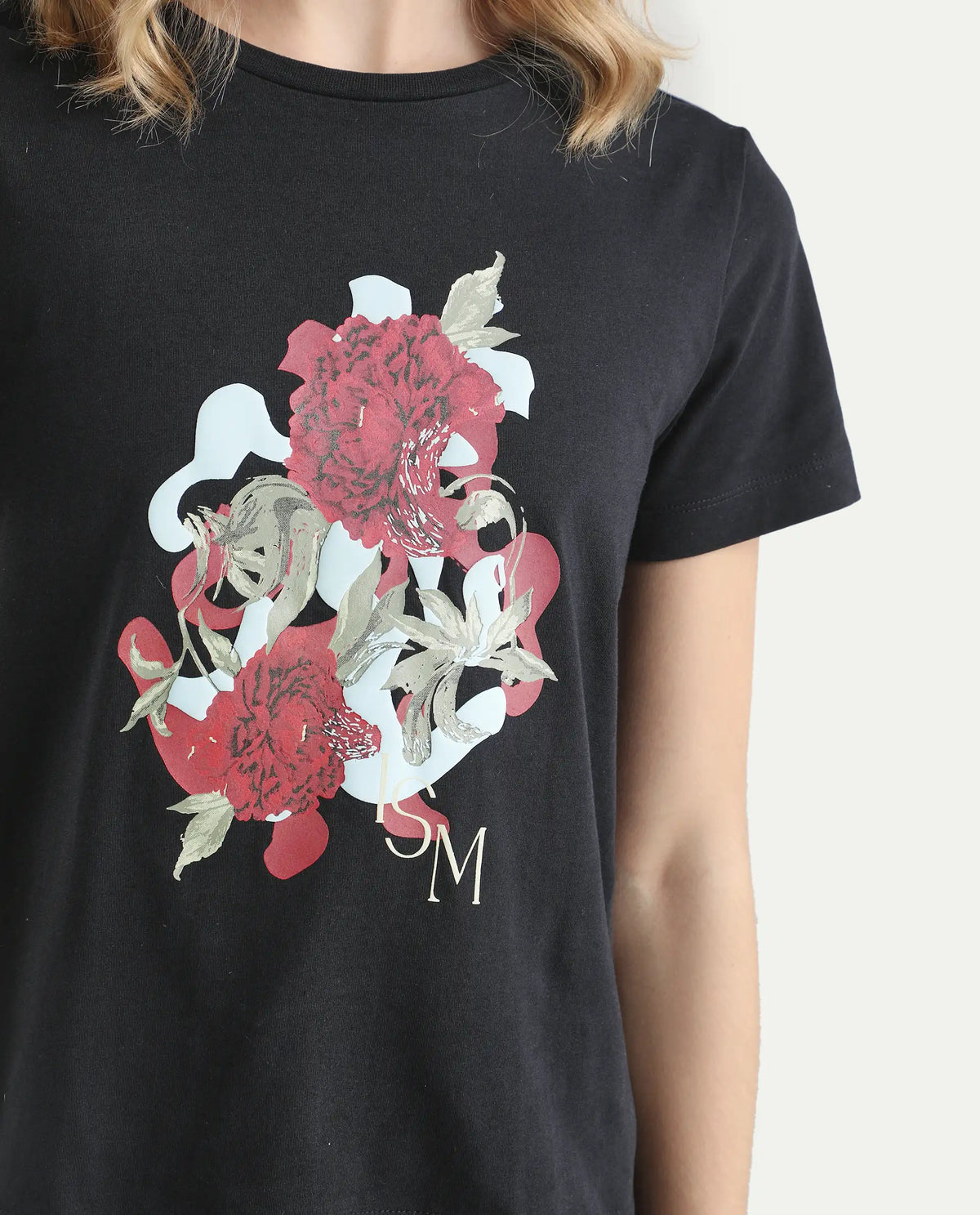 Rareism Women's Mirth Black Cotton Blend Crew Neck Graphic Print Regular Fit T-Shirt