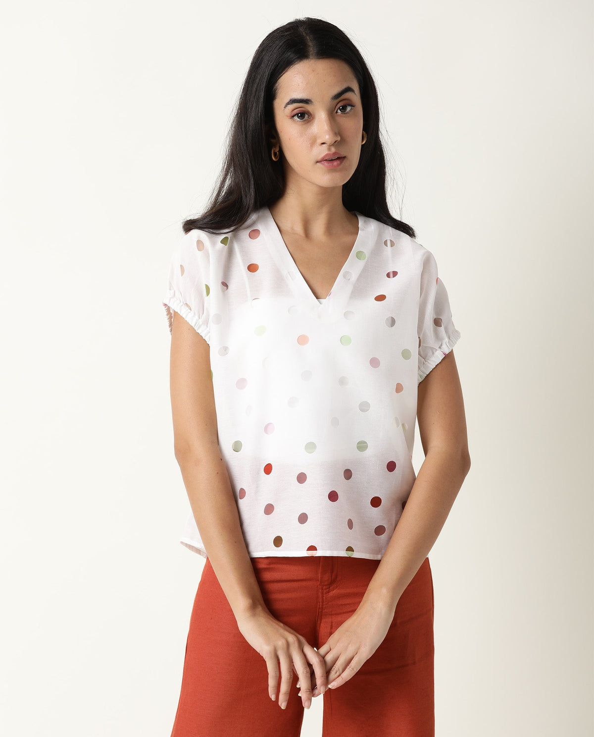 Rareism Womens Misan White Top Polycotton Fabric Regular Fit Extended Sleeves V Neck