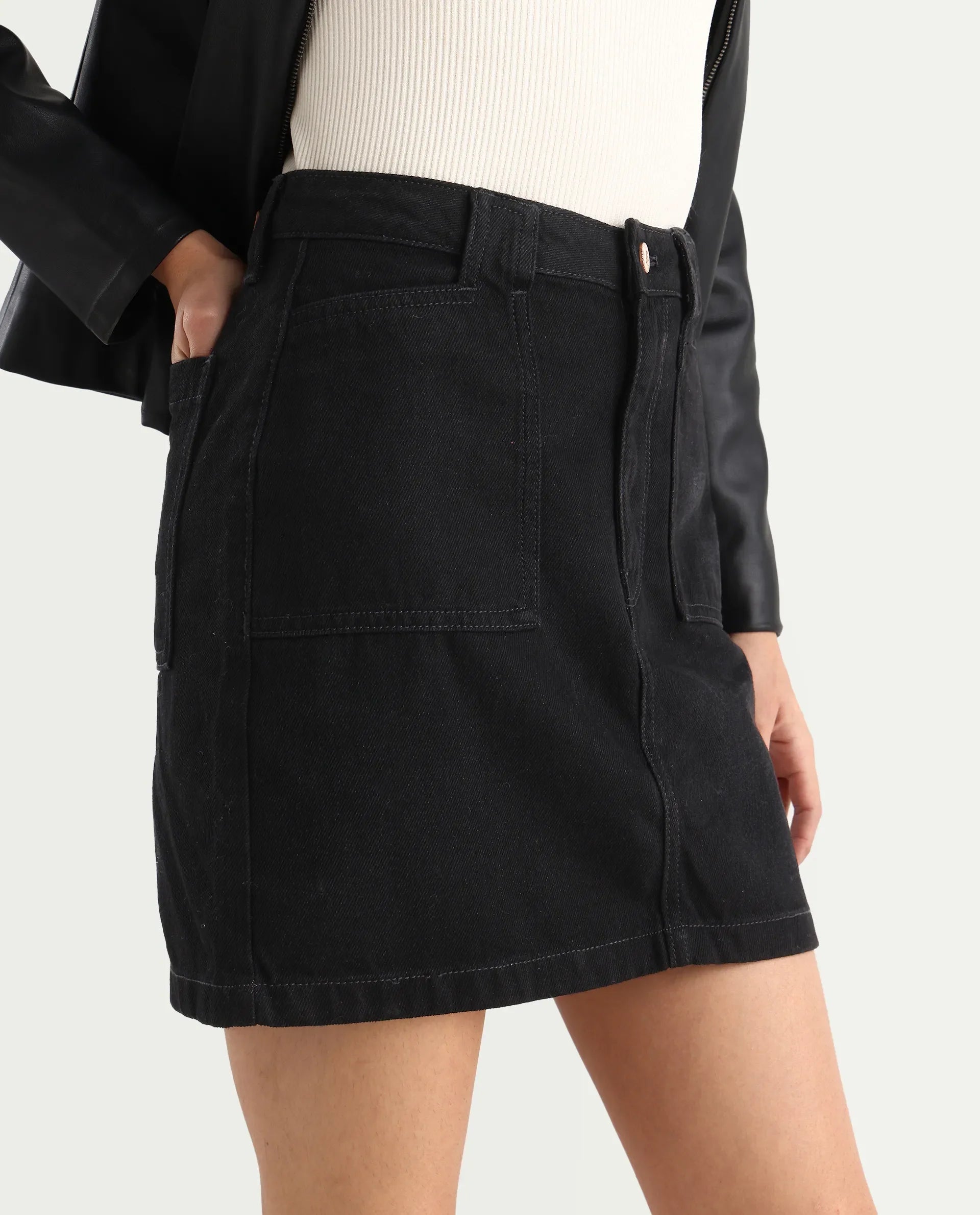 Rareism Women's Misko Black Cotton Plain Mini Straight Fit Skirt