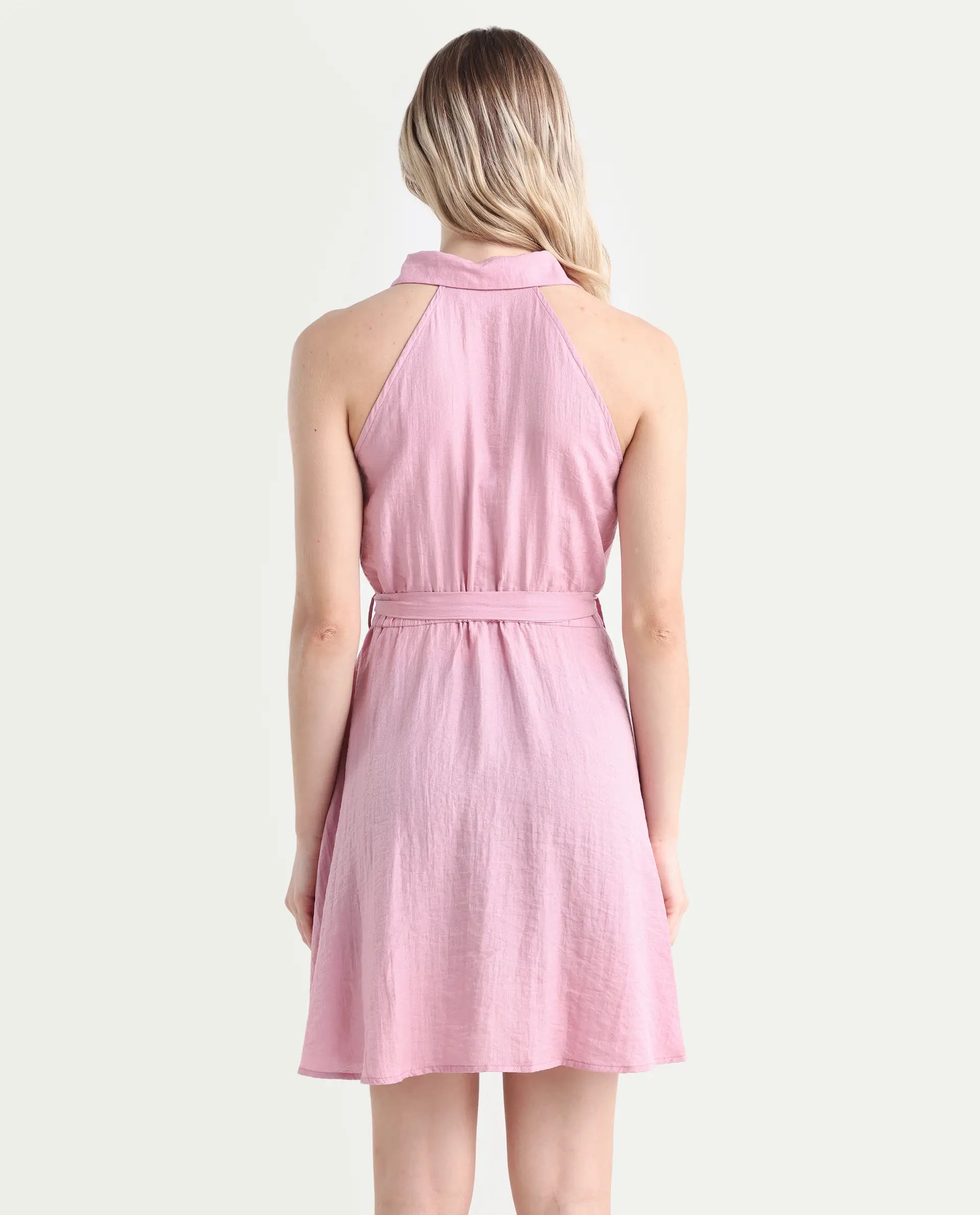 Rareism Women's Mistletoe Pink Nylon Blend Spread Collar Plain Sleeveless Knee Length Regular Fit Dress