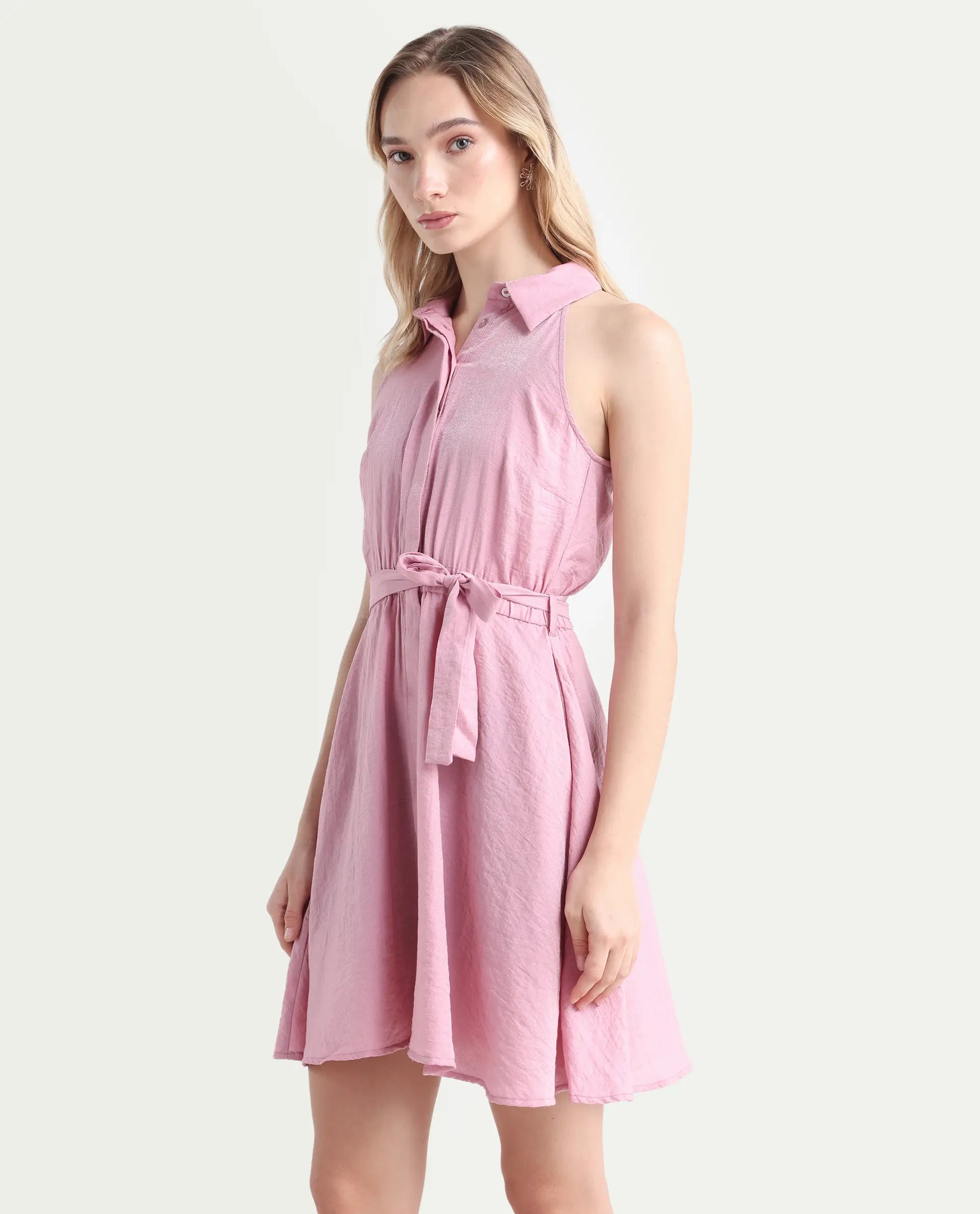 Rareism Women's Mistletoe Pink Rayon Blend Spread Collar Plain Sleeveless Knee Length Regular Fit Dress