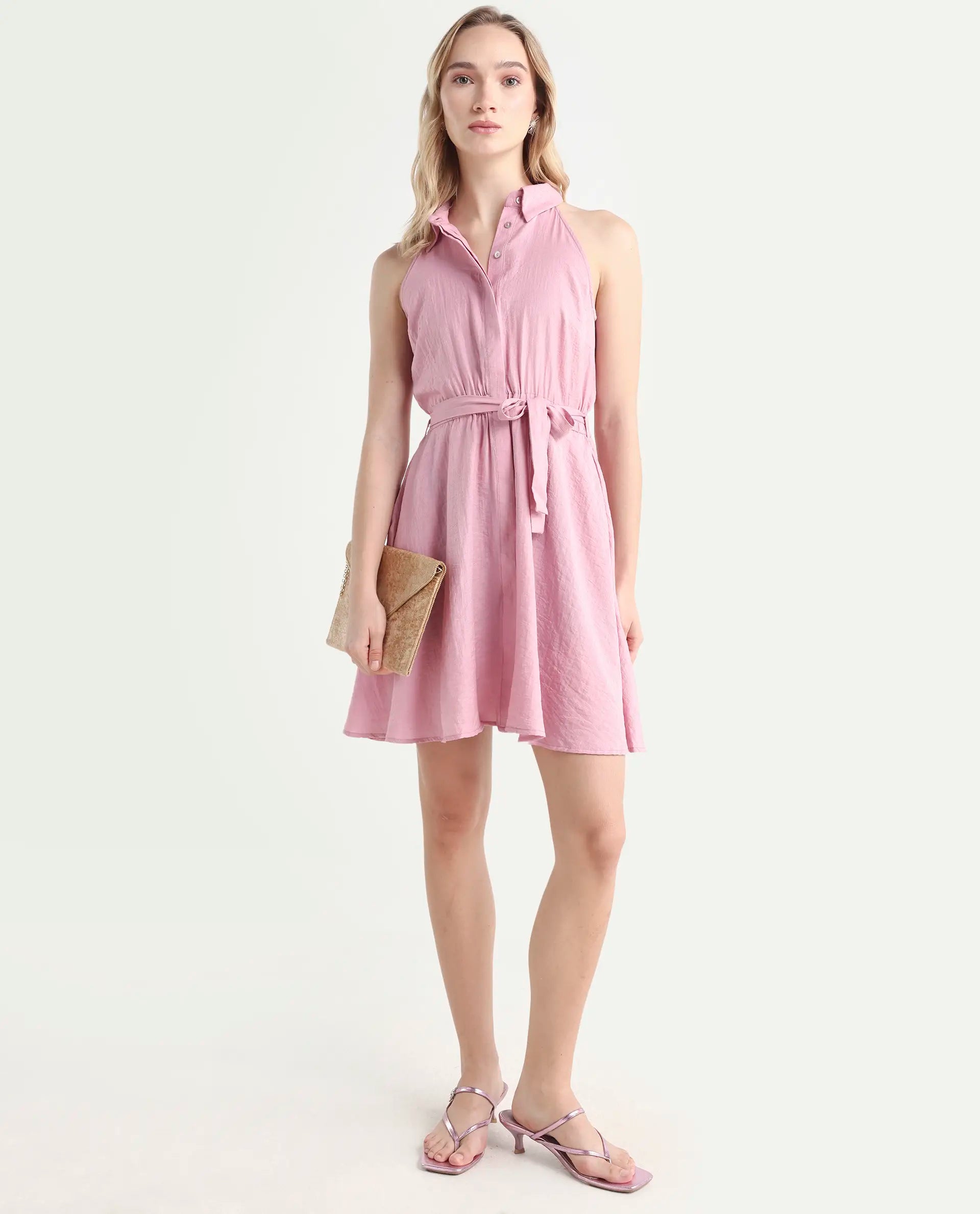 Rareism Women's Mistletoe Pink Rayon Blend Spread Collar Plain Sleeveless Knee Length Regular Fit Dress