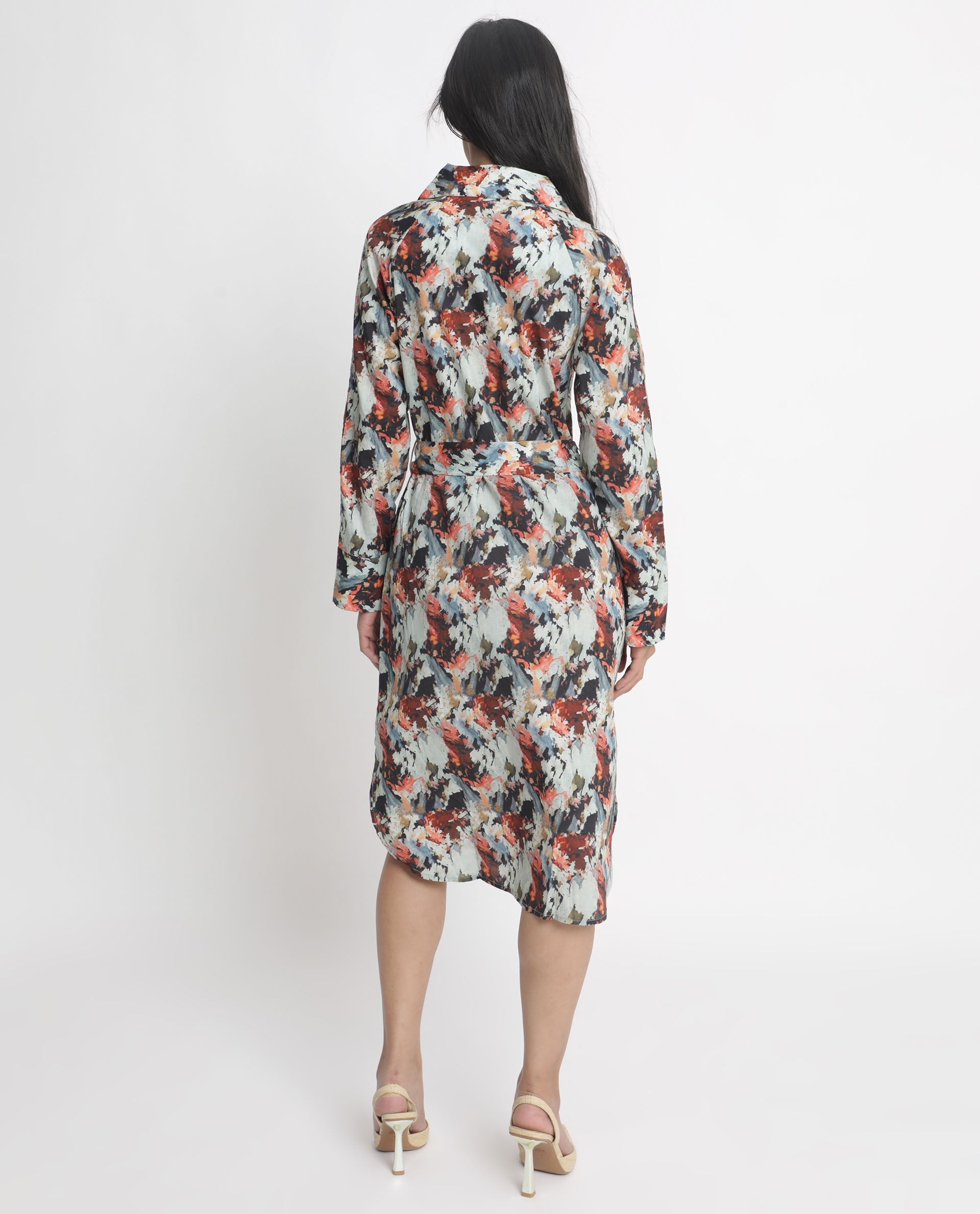Rareism Women Mitchell Multi Cotton Fabric Full Sleeves Button Closure Shirt Collar Regular Fit Abstract Print Knee Length Shirt Type Dress