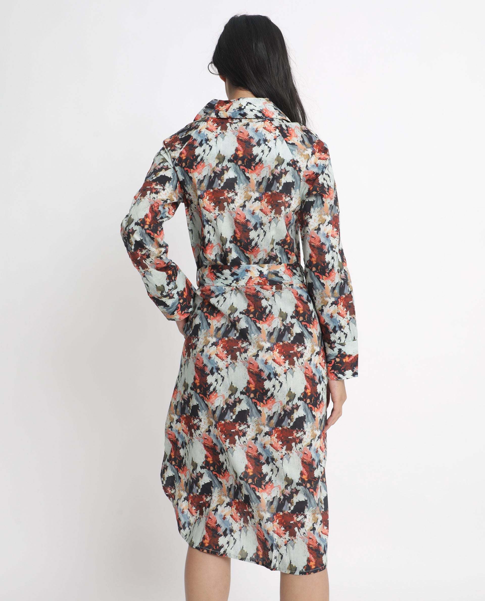Rareism Women's Mitchell Multi Cotton Spread Collar Abstract Print Knee Length Regular Fit Dress