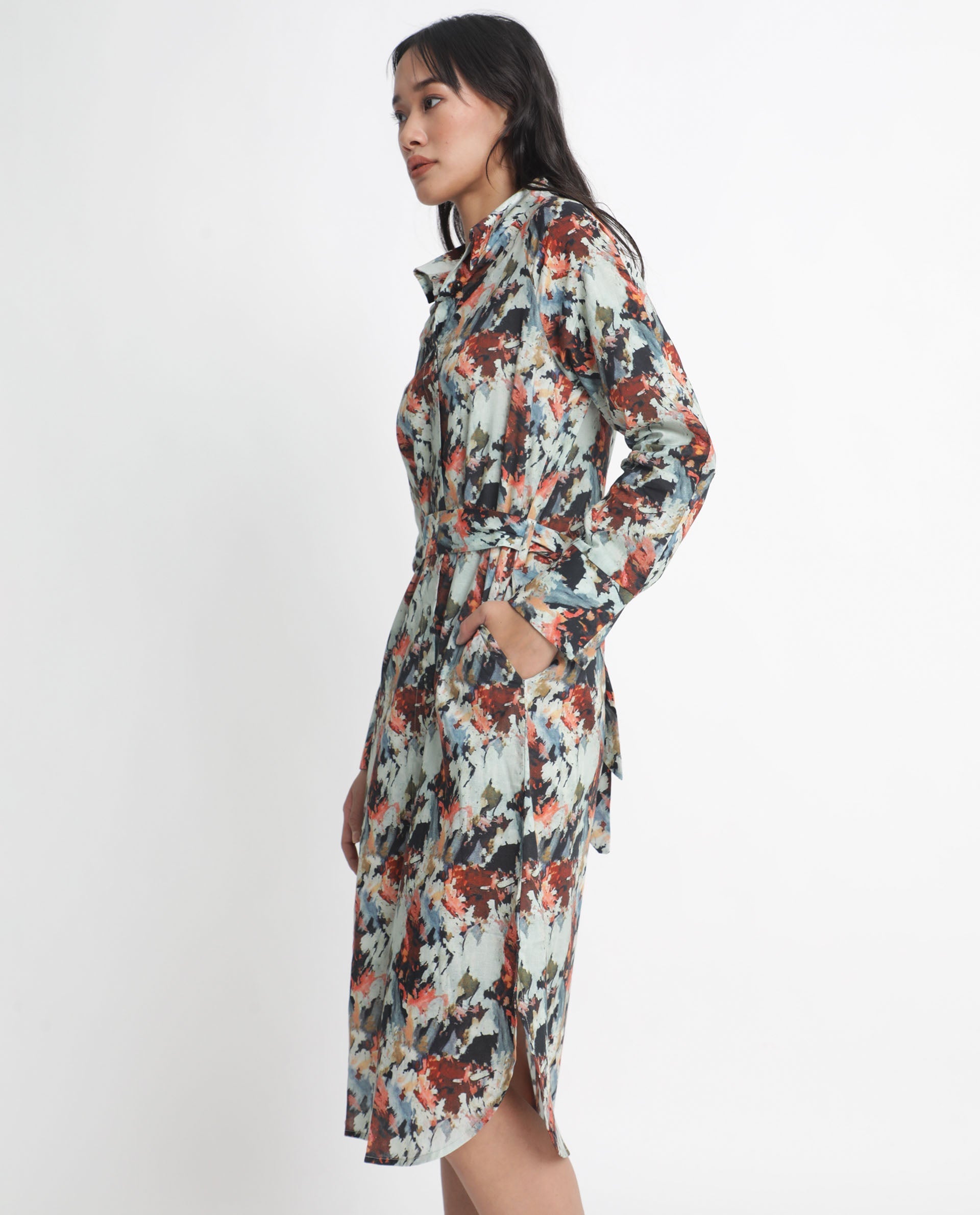 Rareism Women's Mitchell Multi Cotton Spread Collar Abstract Print Knee Length Regular Fit Dress