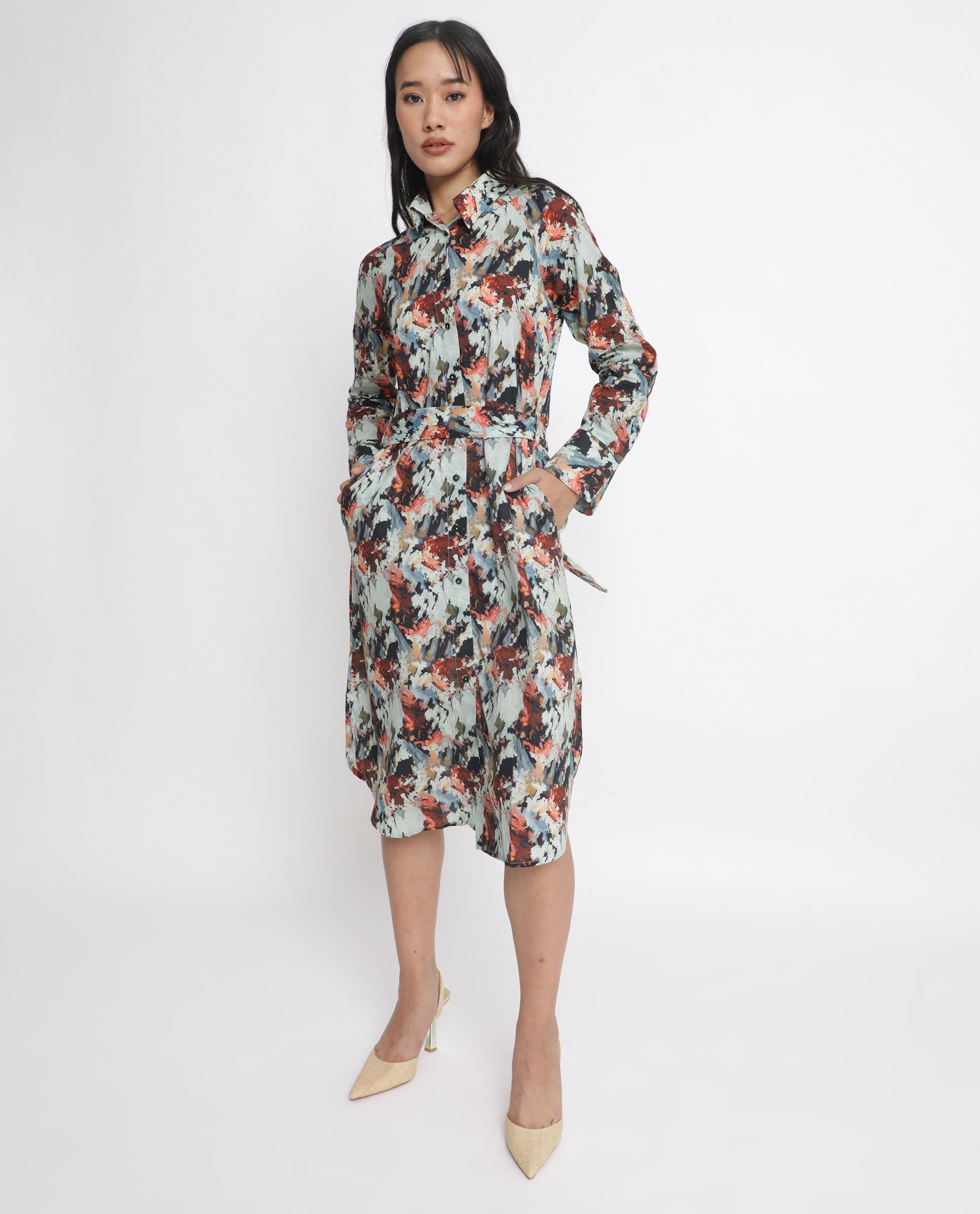 Rareism Women Mitchell Multi Cotton Fabric Full Sleeves Button Closure Shirt Collar Regular Fit Abstract Print Knee Length Shirt Type Dress