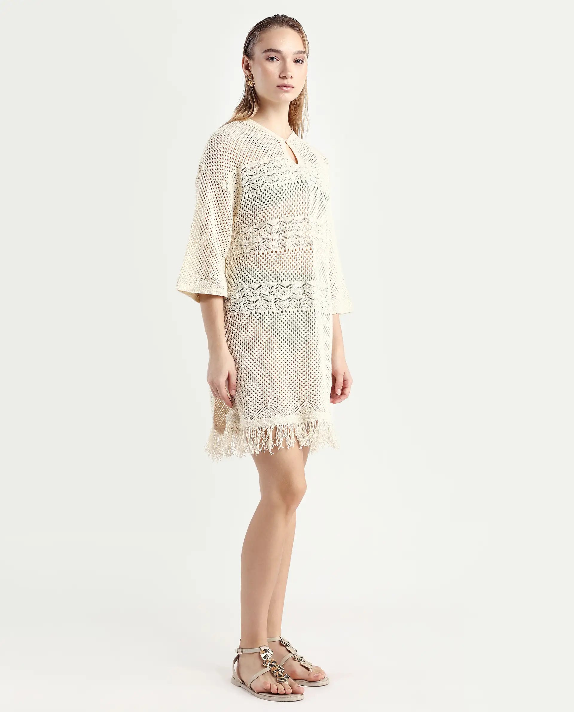 Rareism Women's Mitsuko Off White Cotton Key Hole Neck Plain Knee Length Relaxed Fit Dress