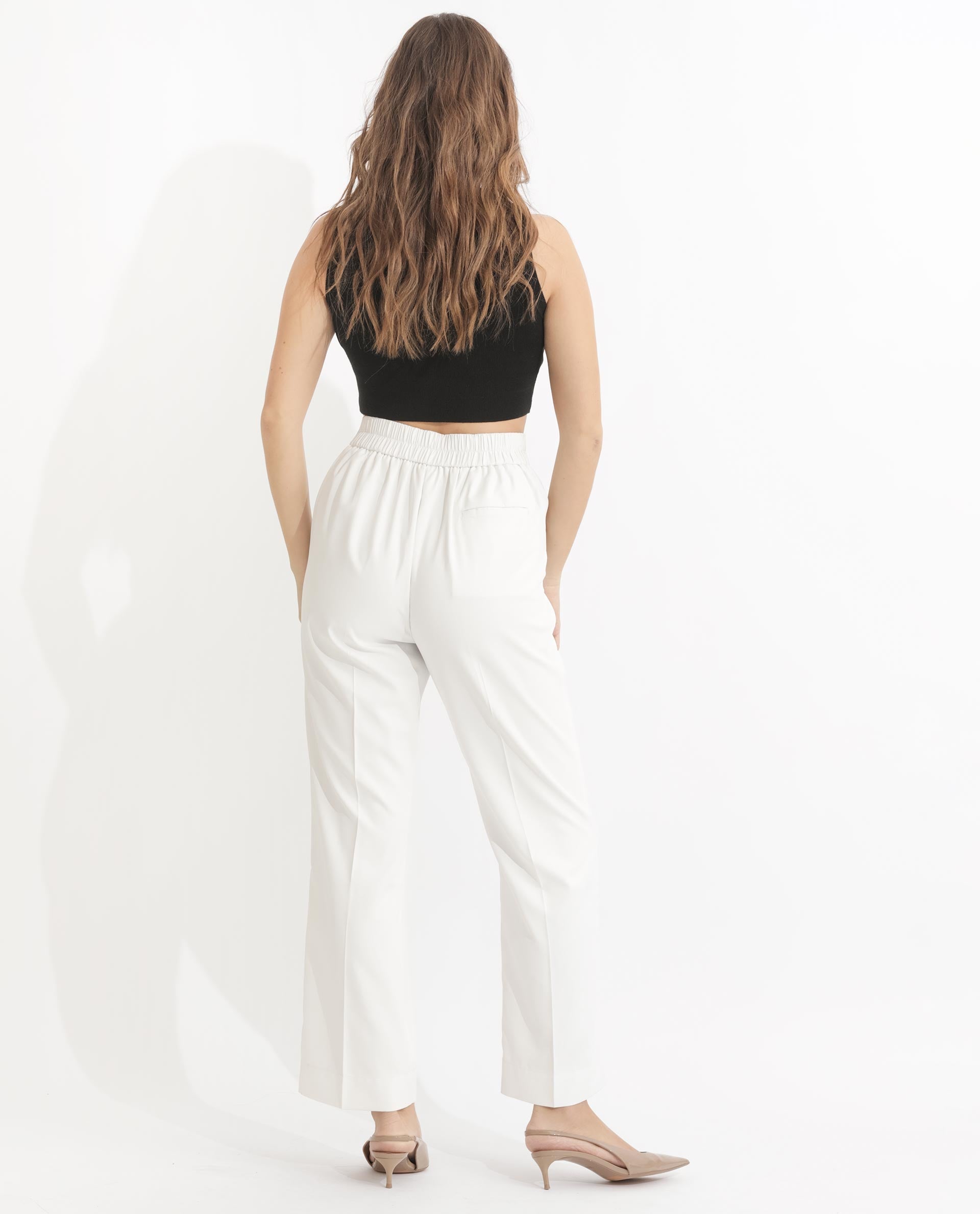Rareism Women Miza Off White Tailored Fit High Rise Solid Ankle Length Trousers